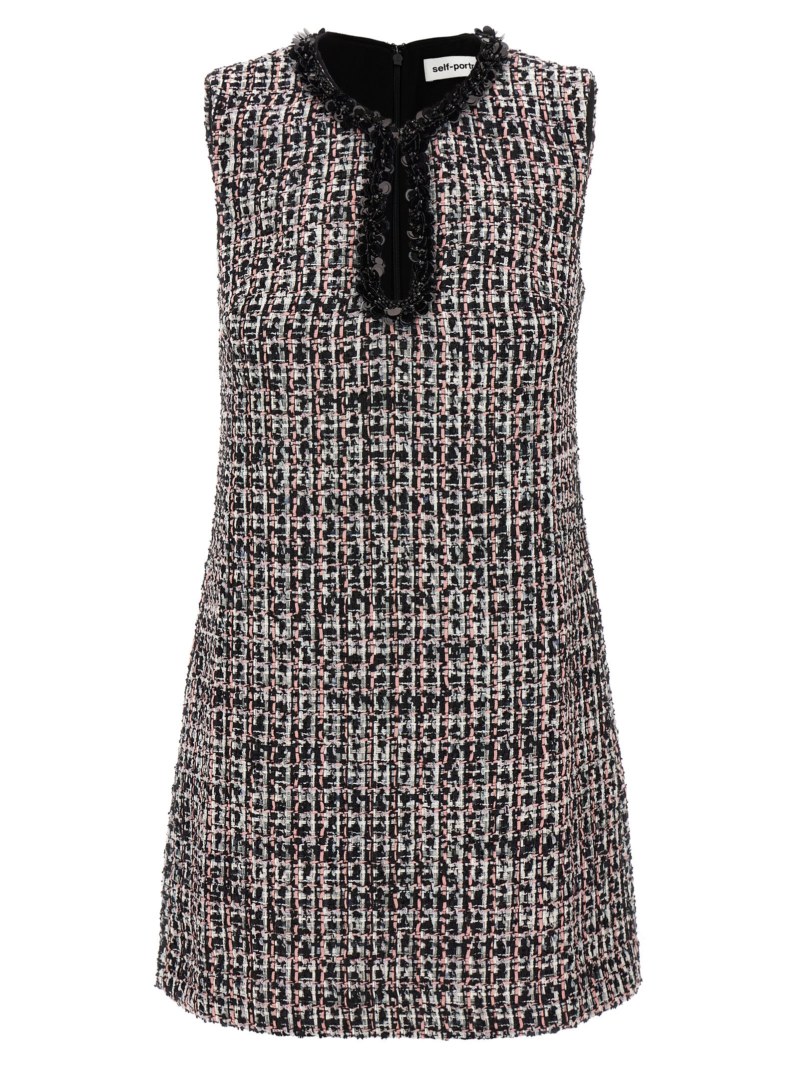 'black boucle embellished mini' dress