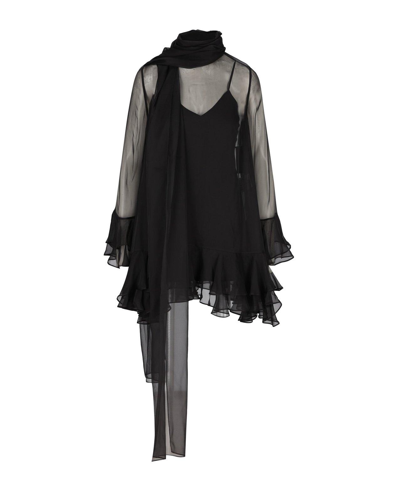 ruffled scarf detailed long-sleeved dress