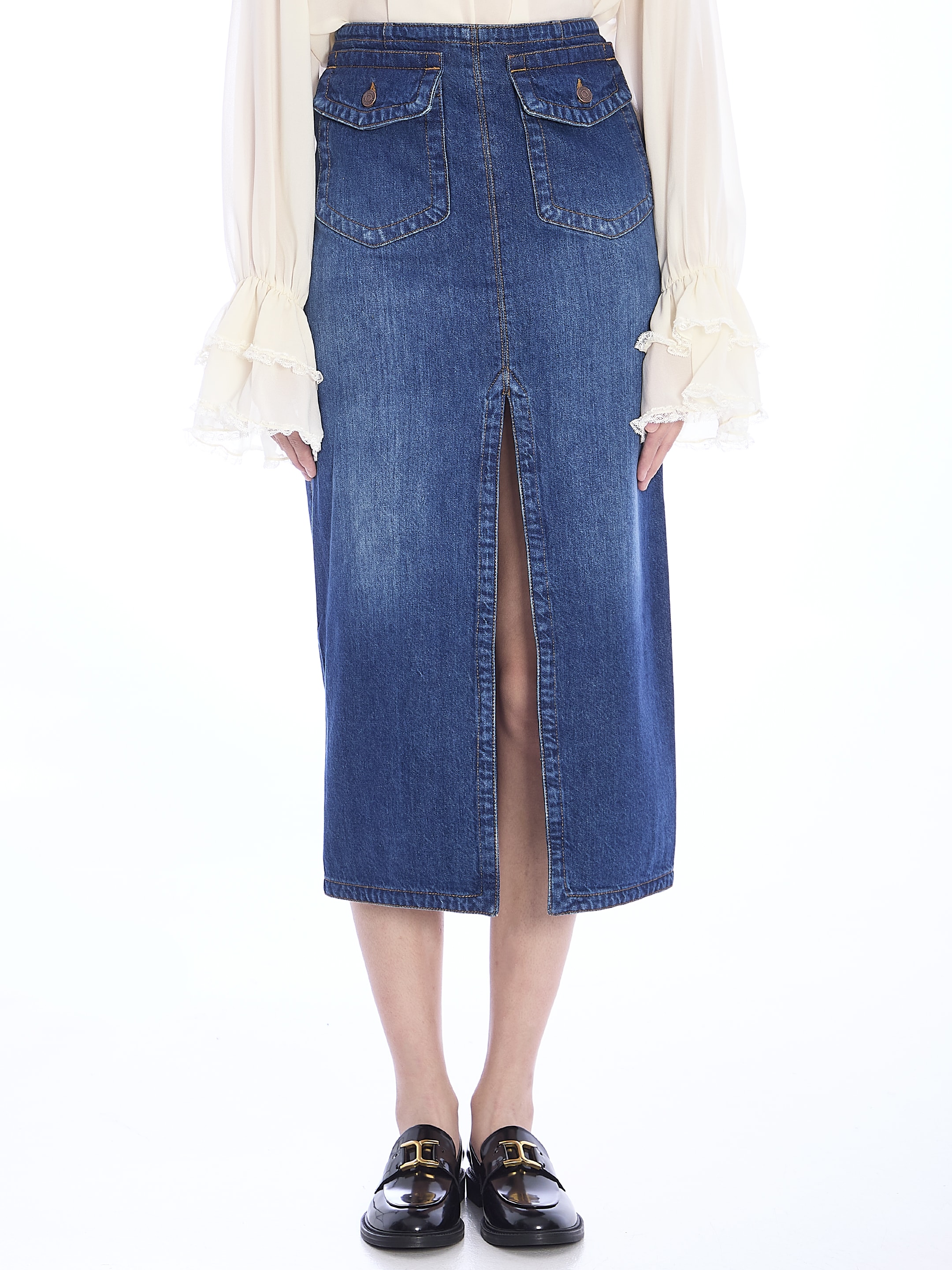 スカート Chloe' Denim Midi Skirt CHLOÉ Cut-Out Embroidered Denim Midi Skirt | endource