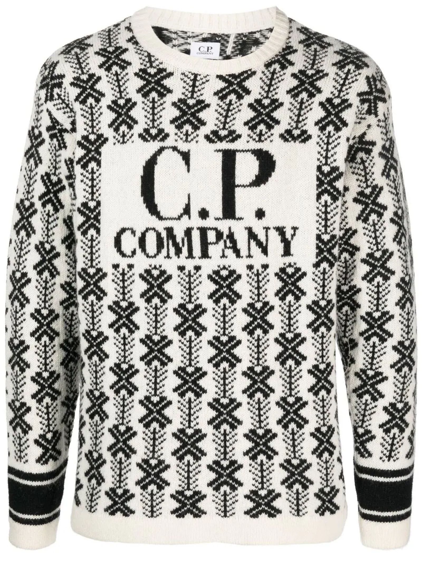 C.P. Company Wool Jacquard Logo Hooded Knit Black/White