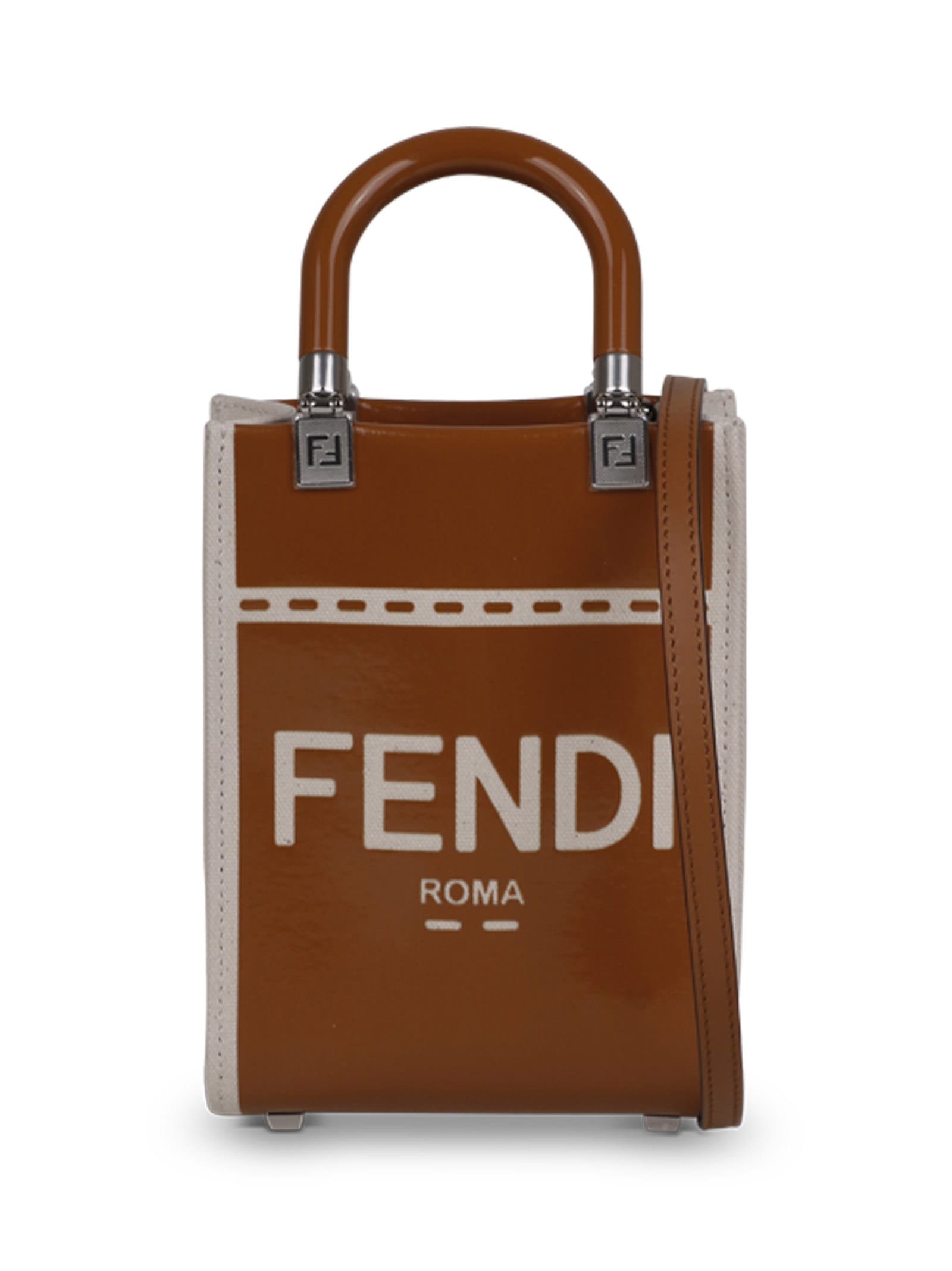 Fendi Sunshine Medium - Canvas and brown patent leather shopper bag