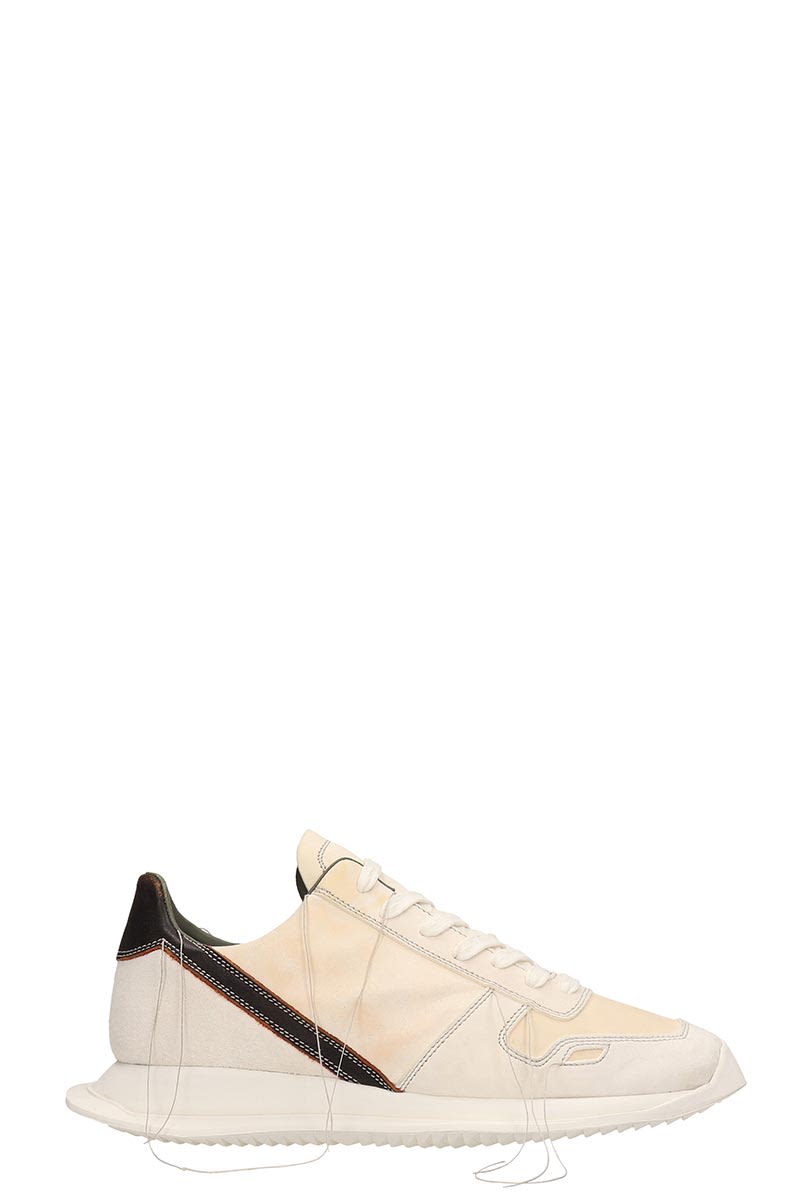 RICK OWENS WHITE LEATHER AND SUEDE VINTAGE RUNNER SNEAKERS,10861431