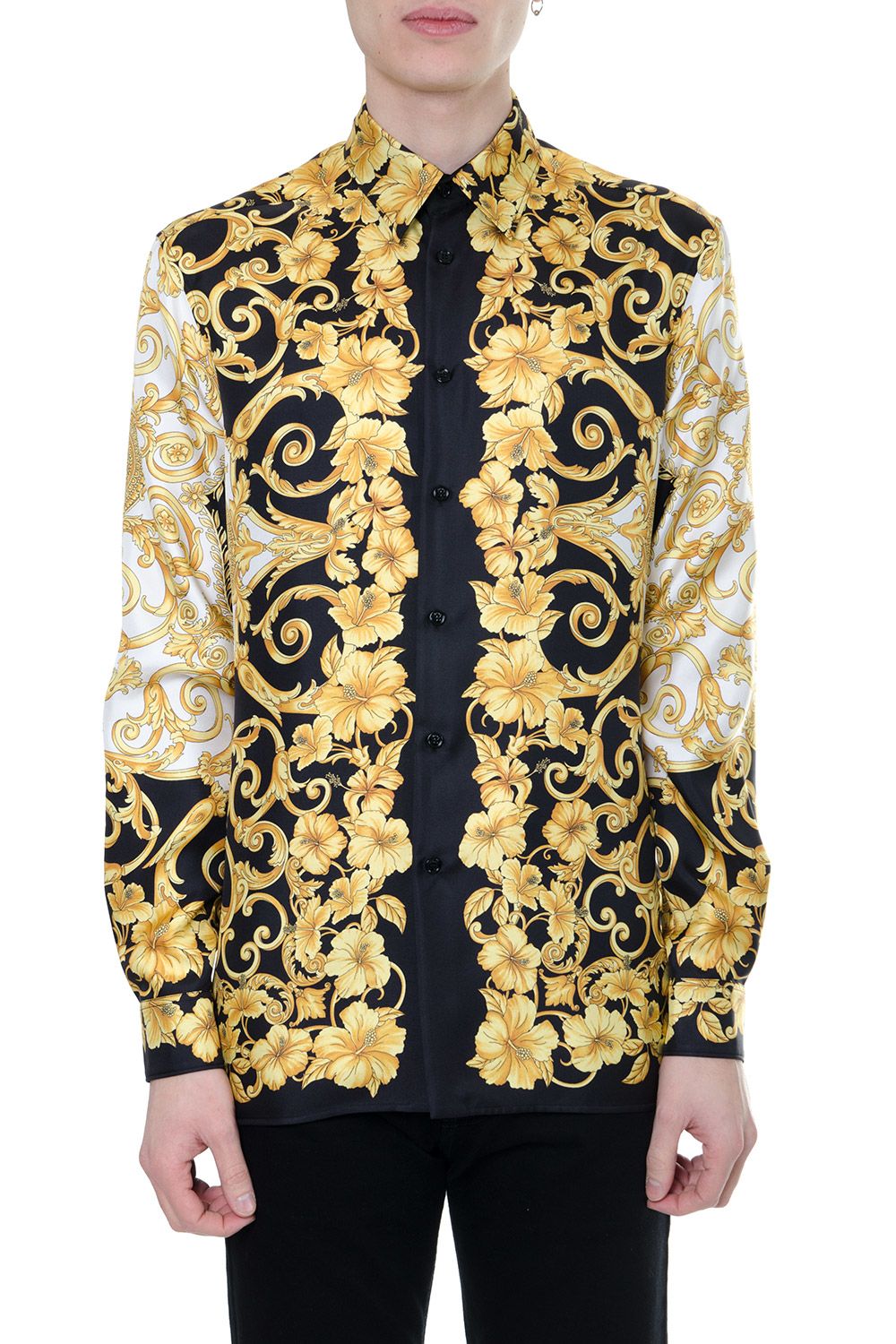 Versace Versace Black And Gold Silk Shirt With Iconic Gold Hibiscus ...