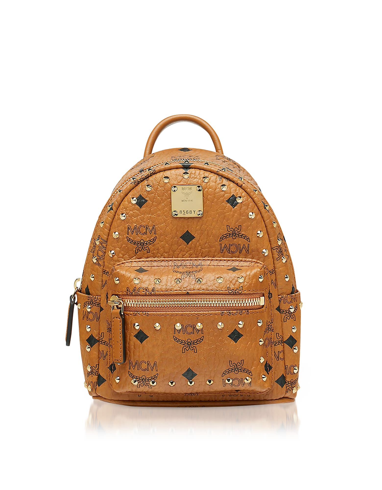 Mcm Studded Outline Visetos Stark Bebe Boo Xmini Backpack In Cognac