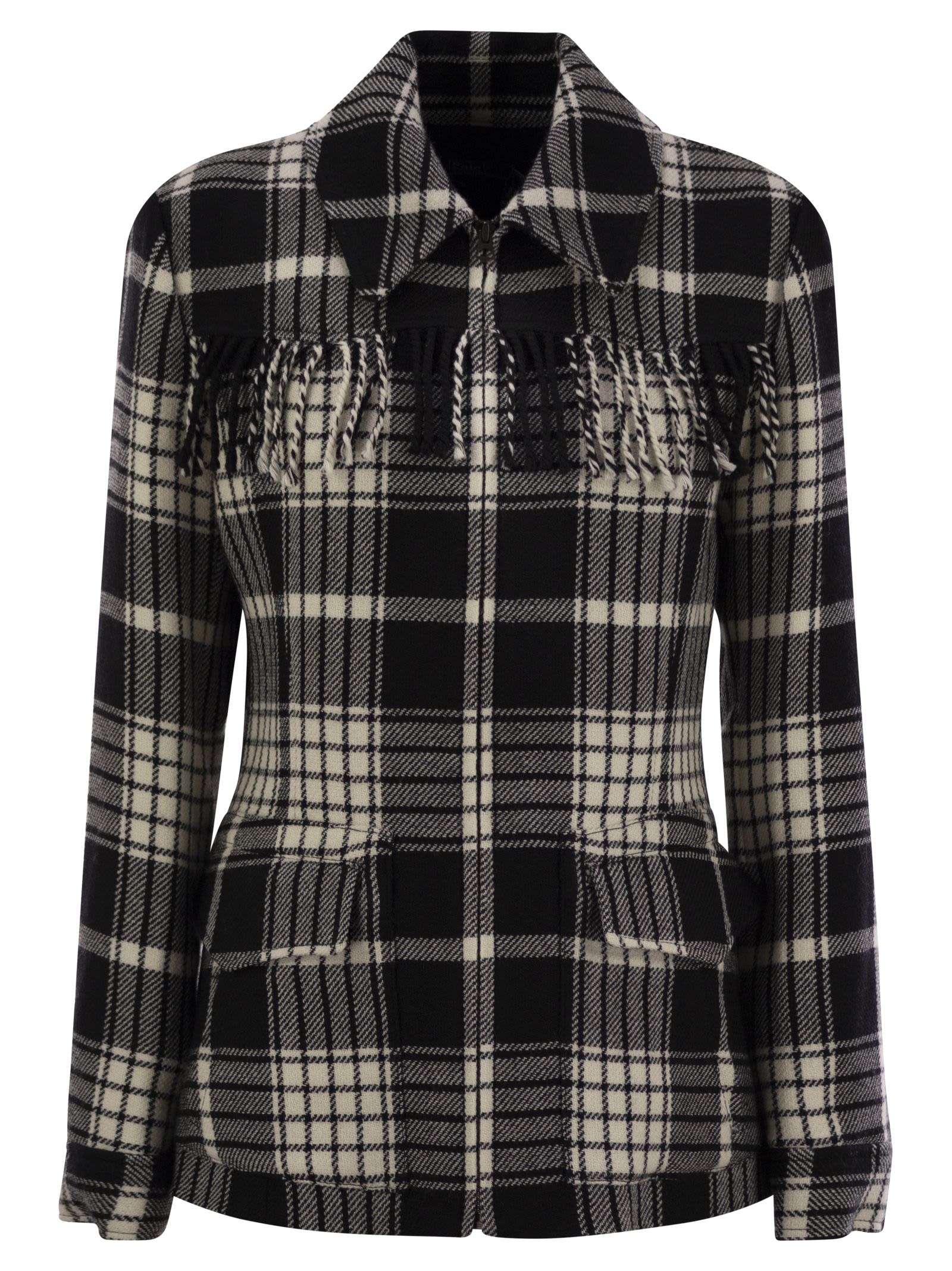 Shop Polo Ralph Lauren Plaid Wool Jacket With Fringes In Black/cream