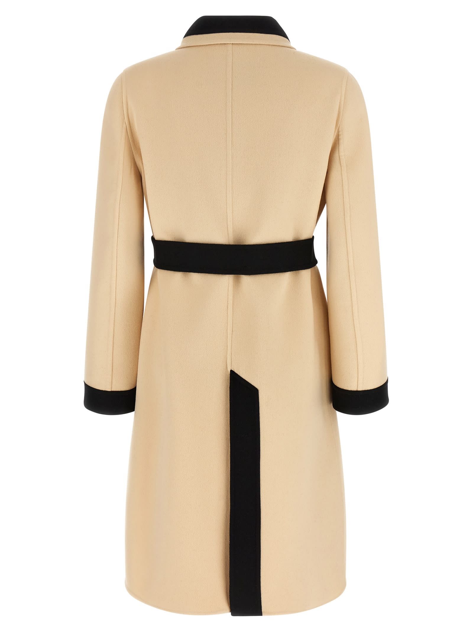 Valentino Wool Coat With Belted Waist And Contrast Trim In Multi