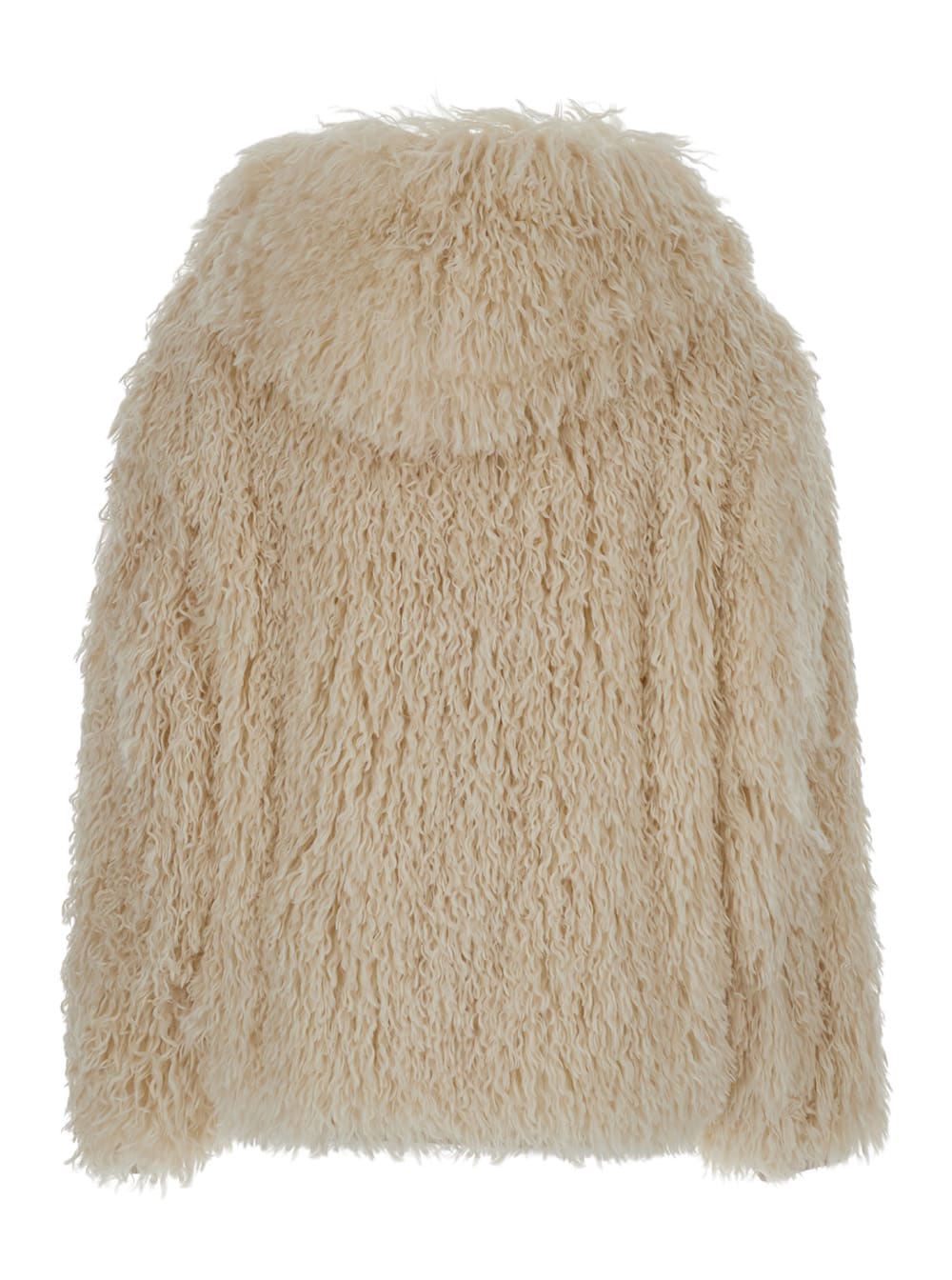 Shop Msgm Beige Single-breasted Jacket With Hood In Faux Fur Woman In Off White