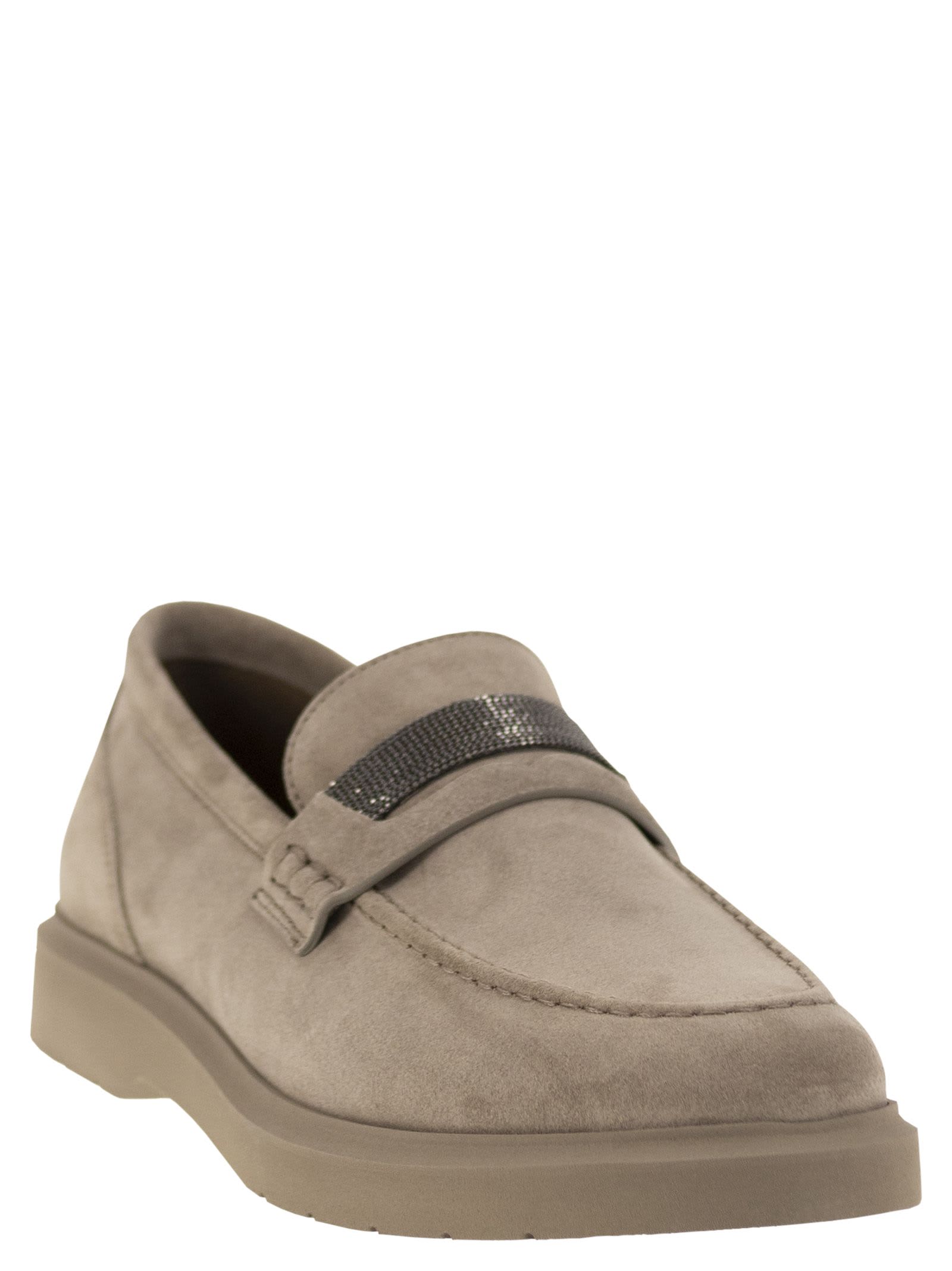 Shop Brunello Cucinelli Suede Penny Loafer With Jewellery In Neutrals