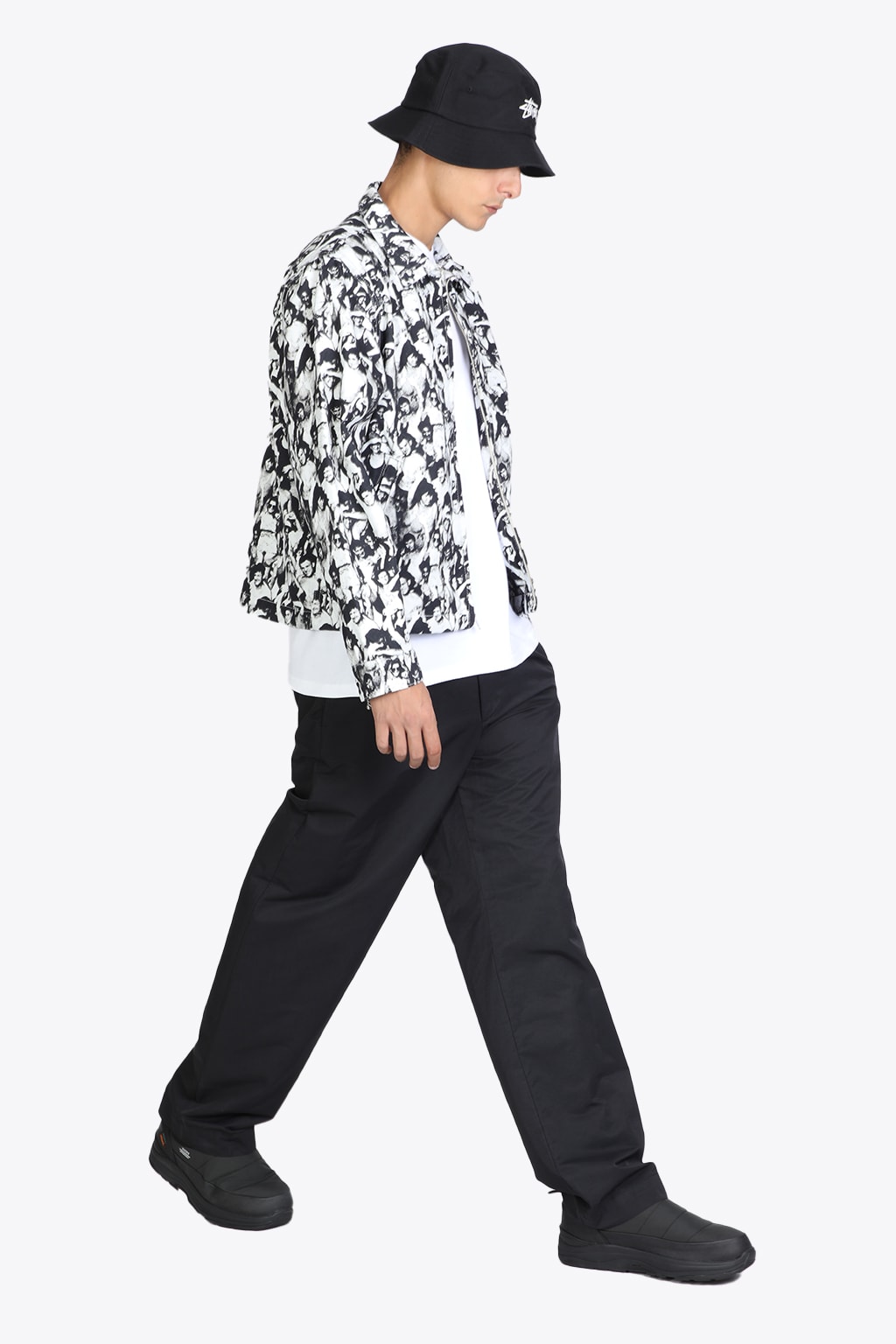 STUSSY BEACH MOB BING JACKET BLACK AND WHITE CANVAS JACKET WITH ALL-OVER PRINT - BEACH MOB BING JACK