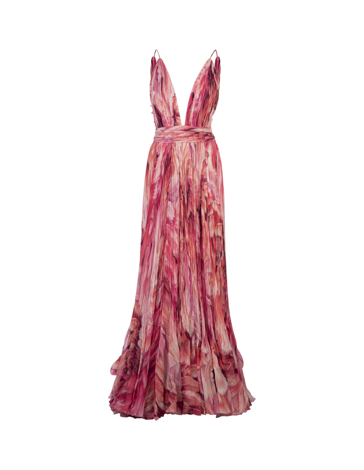 Long Silk Dress With Pink Plumage Print