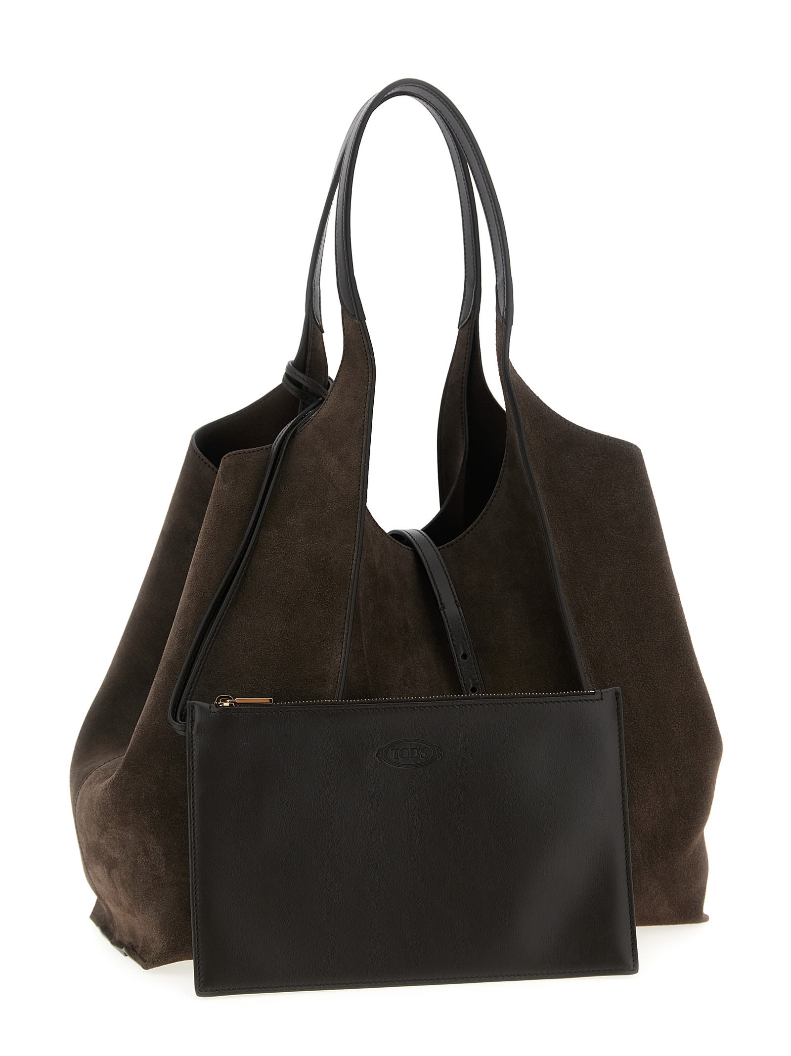 Tod's Dual Handle Metal Hardware Open Top Suede Finish In Brown
