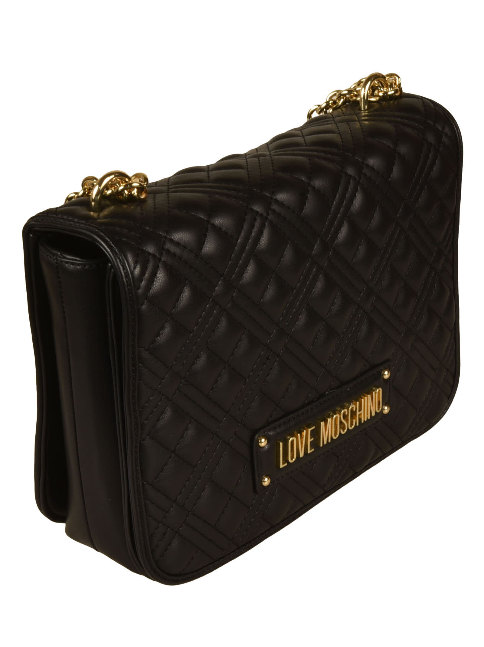 Shop Love Moschino Logo Plaque Quilted Shoulder Bag In Black