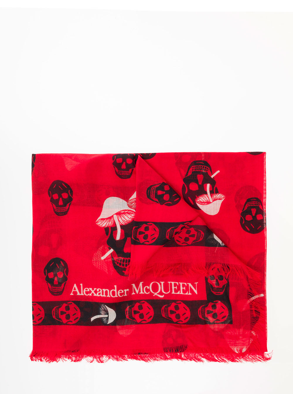 Alexander Mcqueen Red Scarf With Skull And Mushroom Print All-over In Modal Blend