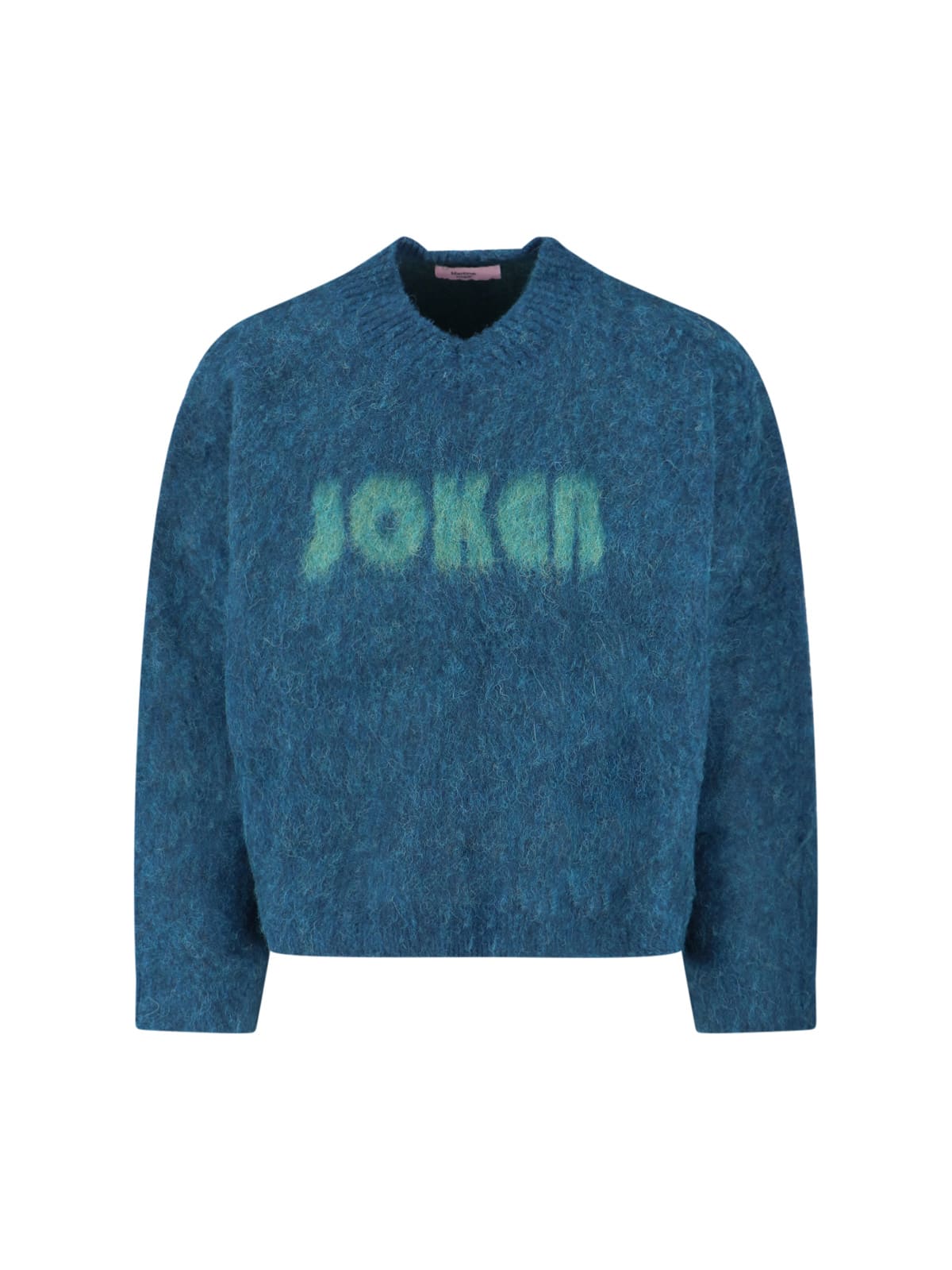 Martine Rose V-neck Mohair Sweater With Ribbed Trims And Prominent Logo In Blue