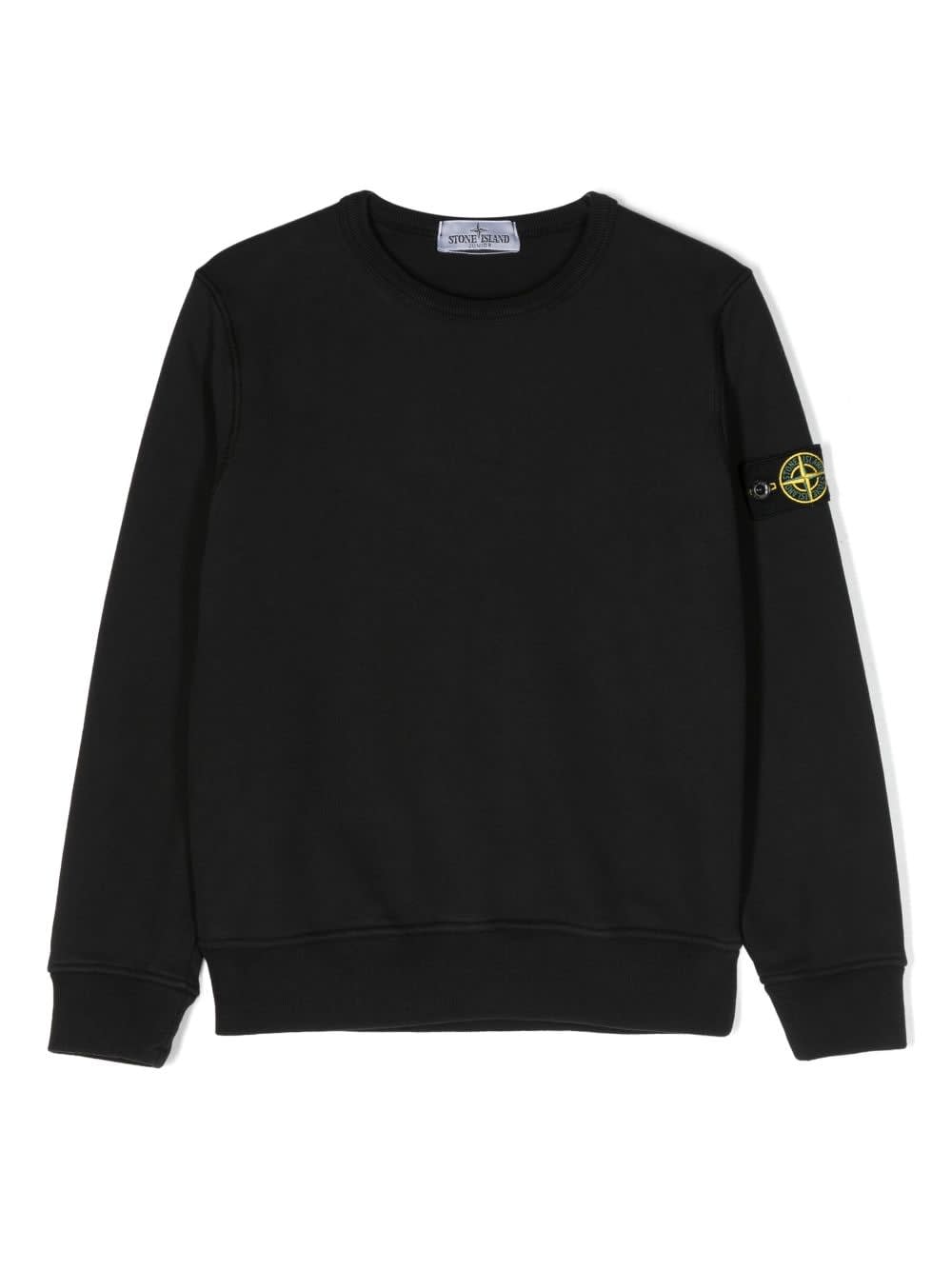Stone Island Black Crewneck Sweatshirt With Logo Patch On The Sleeve In Cotton Boy In Black