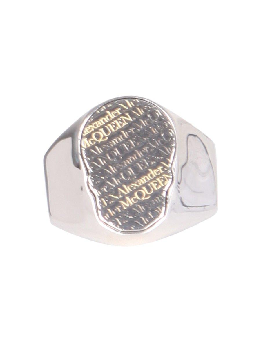 Shop Alexander Mcqueen Logo Print Skull Ring In Silver