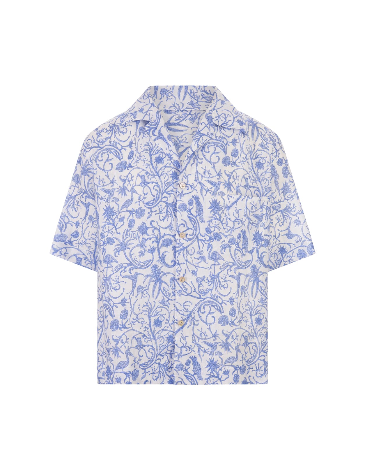 Shop Kiton Short-sleeved Shirt In Printed Linen In Blue