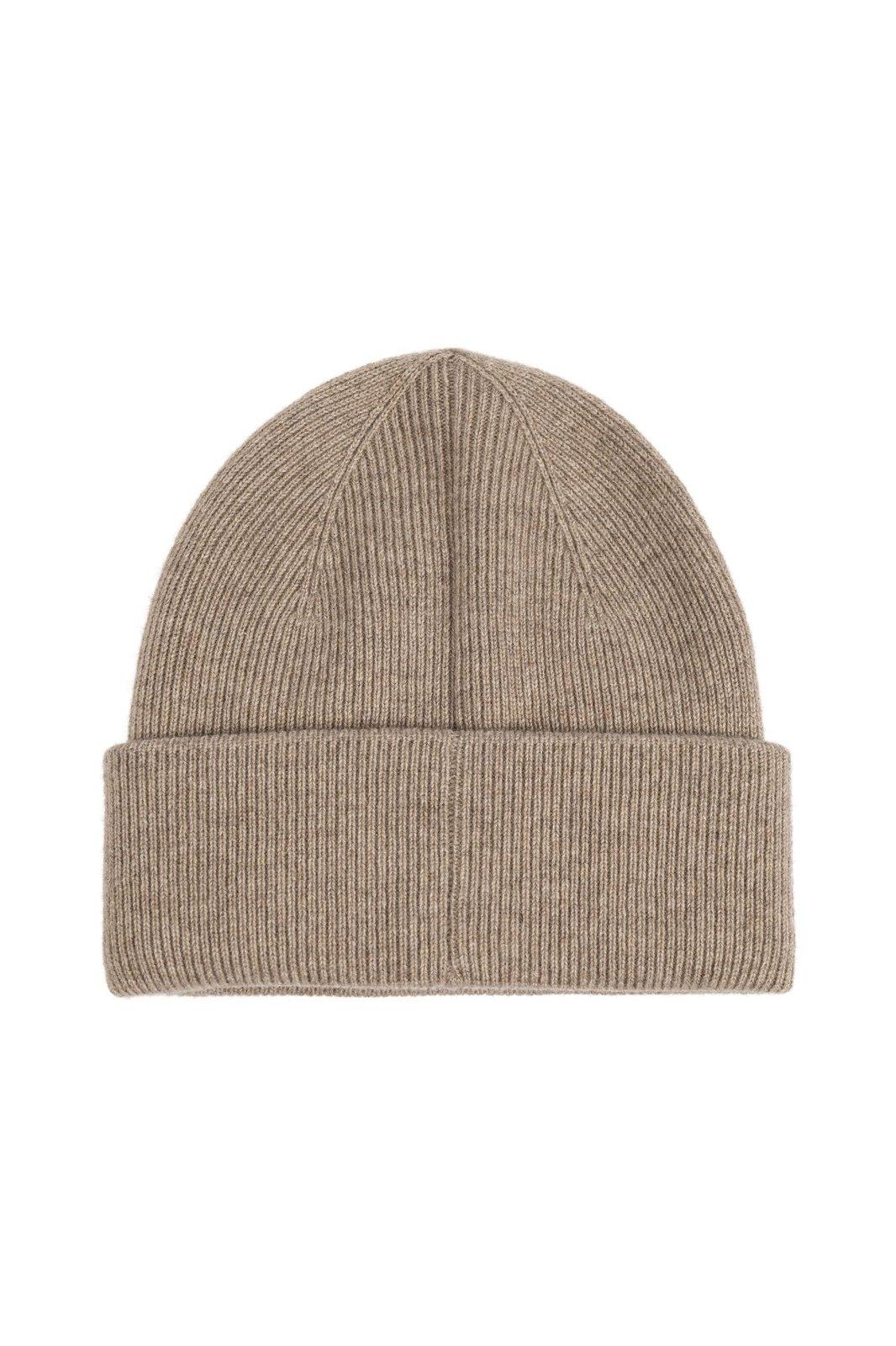 Shop Fear Of God Logo Patch Ribbed Knit Beanie In Sesame