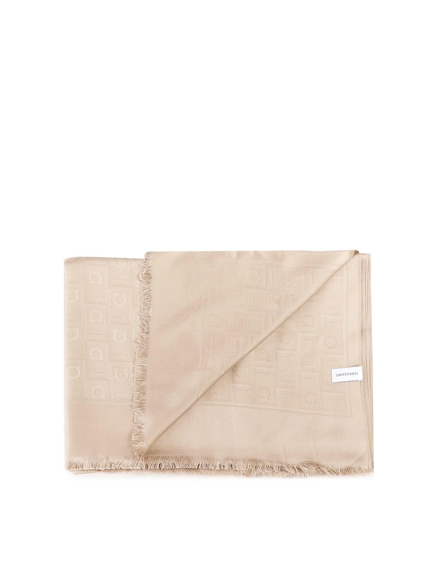 Ferragamo Monogram Jacquard Frayed-edge Scarf In Neutral