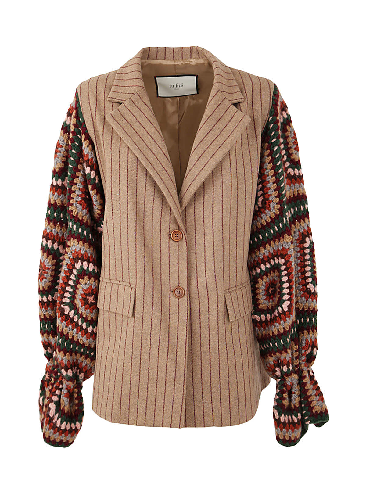 Tu Lizé Crochet-knit Buttoned-up Blazer In Beige