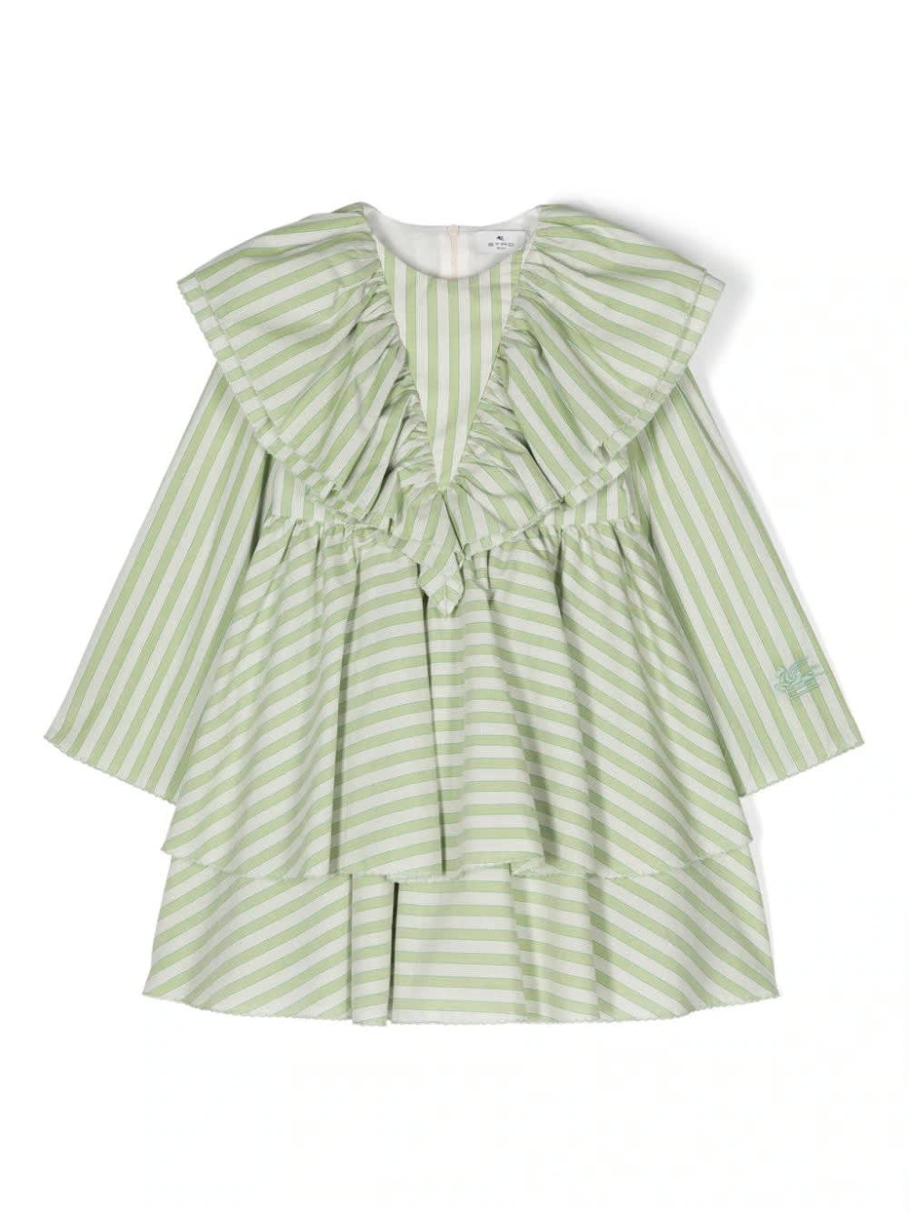 Shop Etro Green Striped Dress With Ruffles