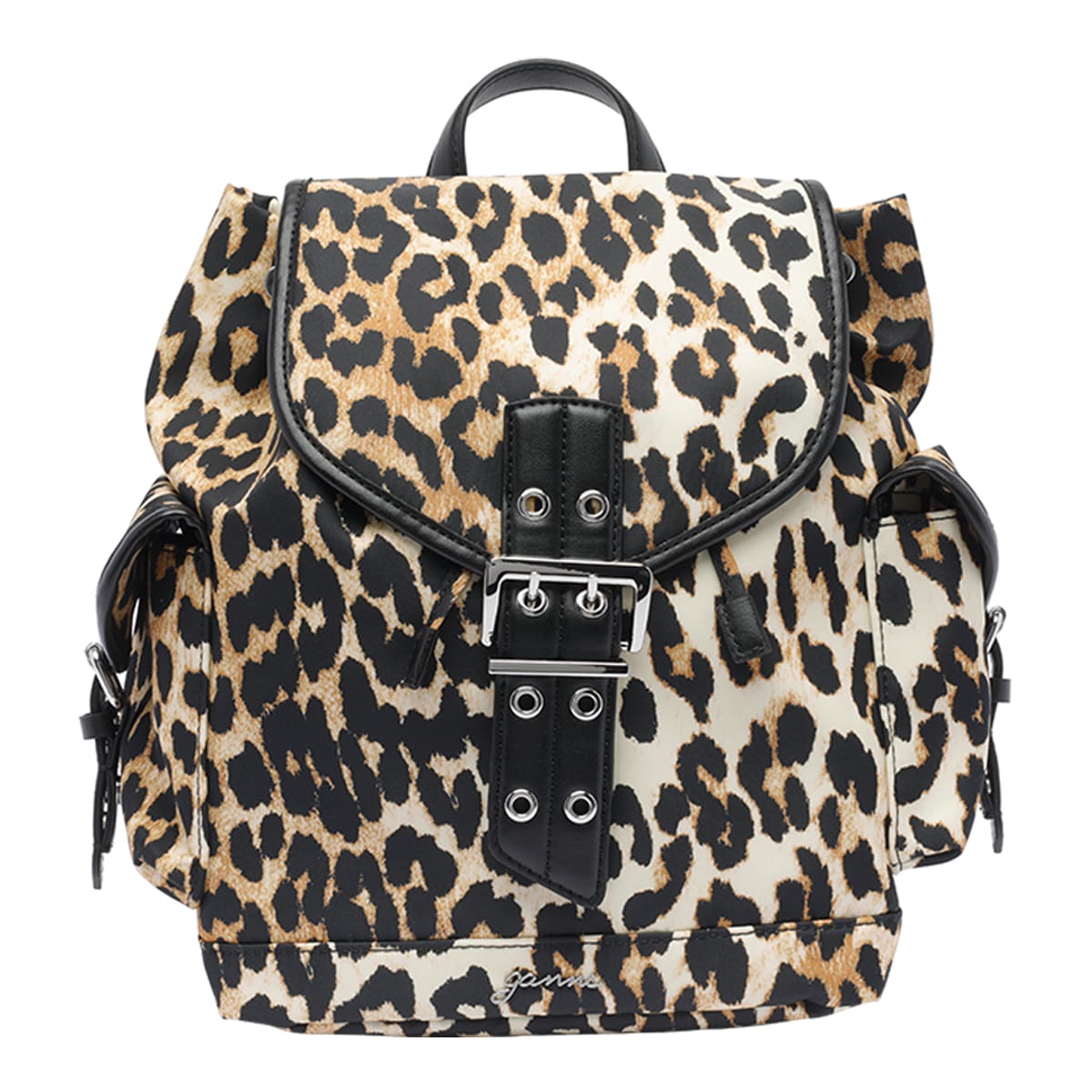 Ganni Magnetic Buckle Backpack Leopard Print In Multicolour