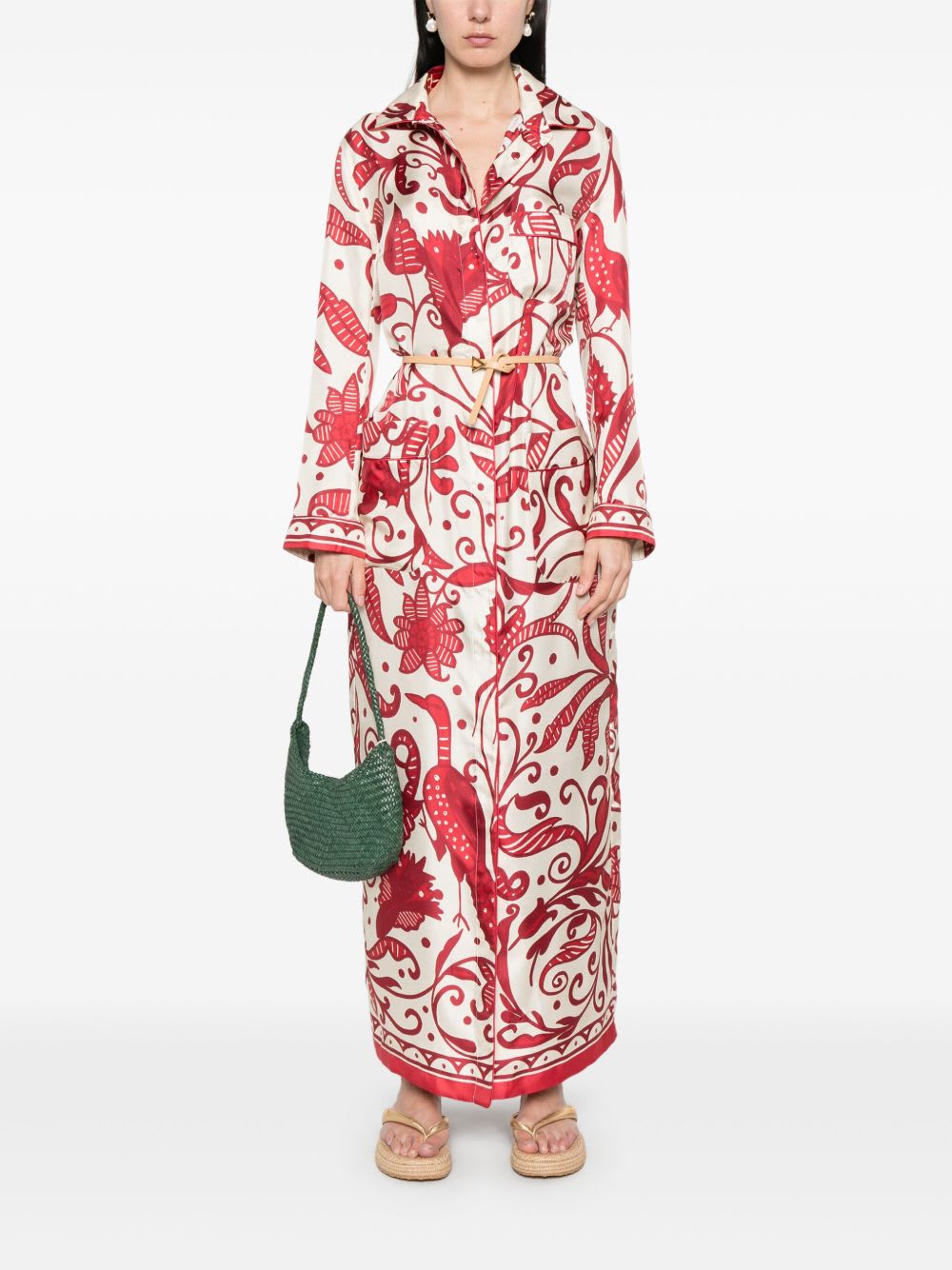 F.r.s For Restless Sleepers Printed Silk Long Shirtdress In Red