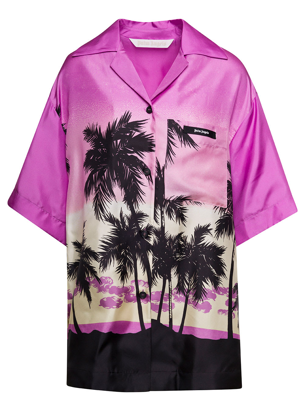 Shop Palm Angels Multicolor Bowling Shirt With All-over Sunset Print In Silk Woman