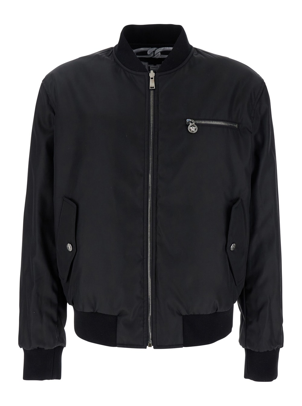 Versace Reversible Padded Printed Shell Bomber Jacket In Black+silver