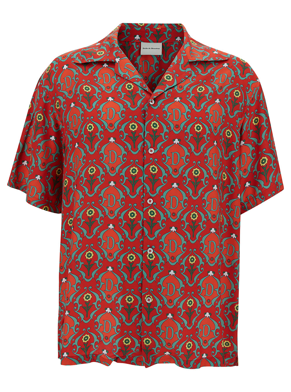 Shop Drôle De Monsieur Red Bowling Shirt With Ornements Print In Satin Man