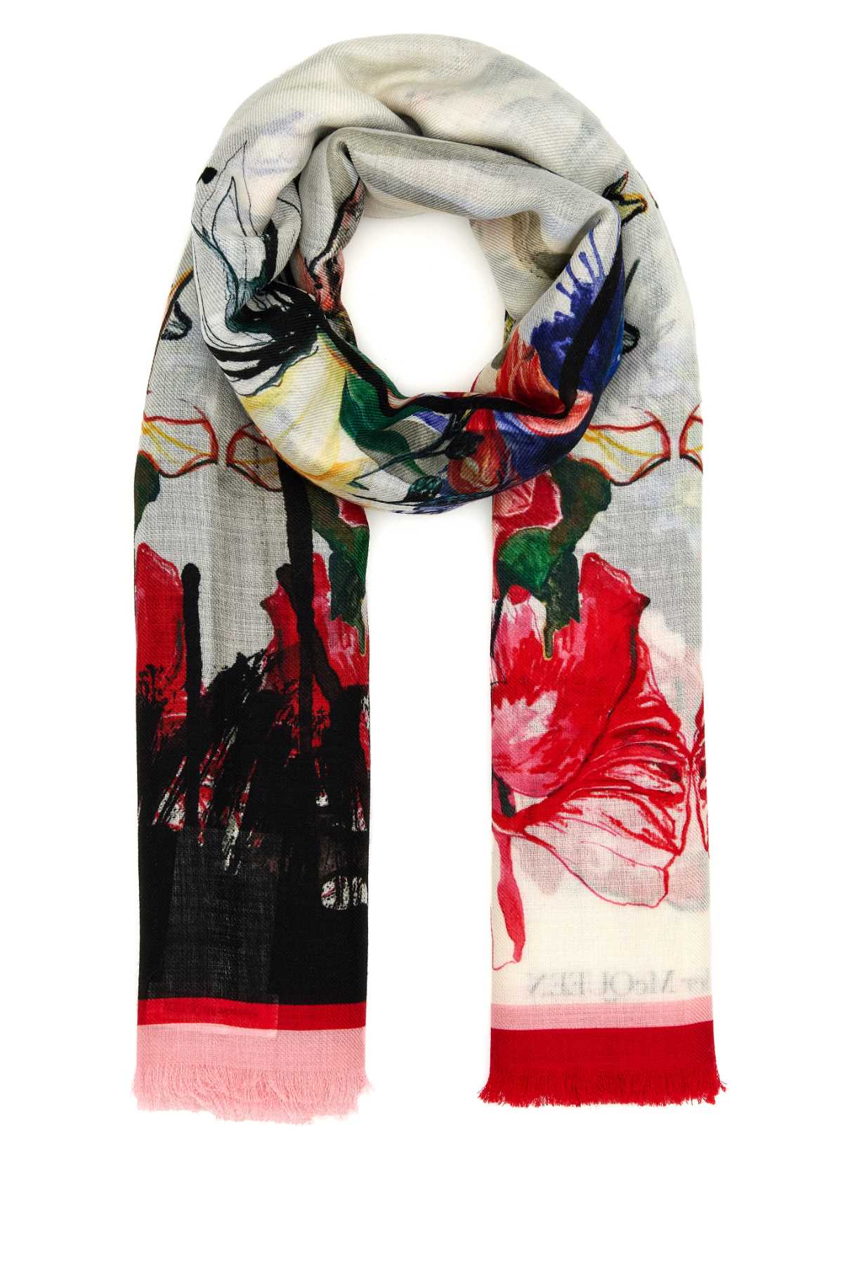 Shop Alexander Mcqueen Embroidered Wool Scarf In Ivoryblack