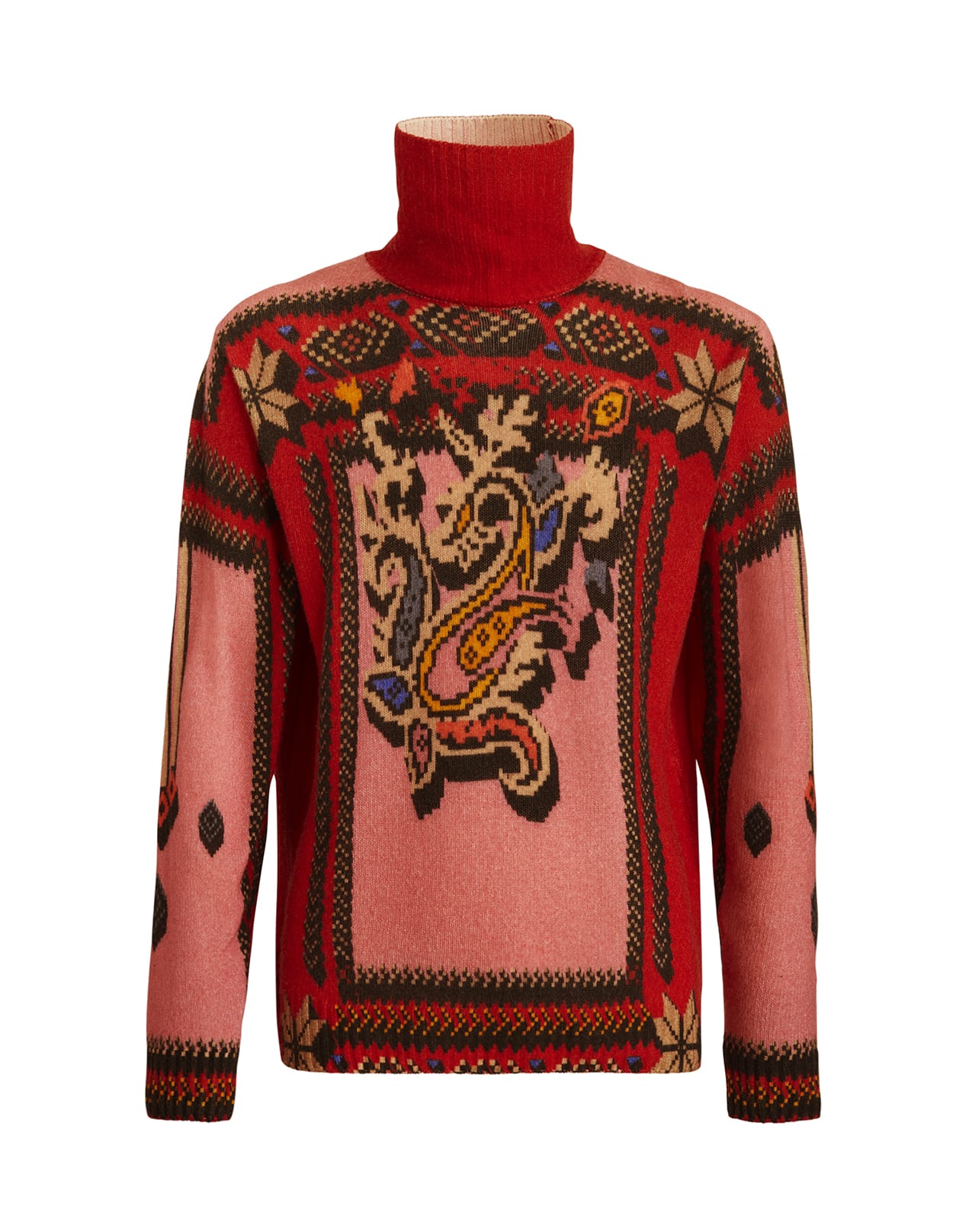 Etro Man Turtleneck Sweater In Printed Pink Virgin Wool