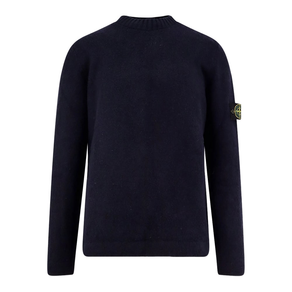 Stone Island Crew-neck Wool Blend Sweater With Logo Patch In Blue