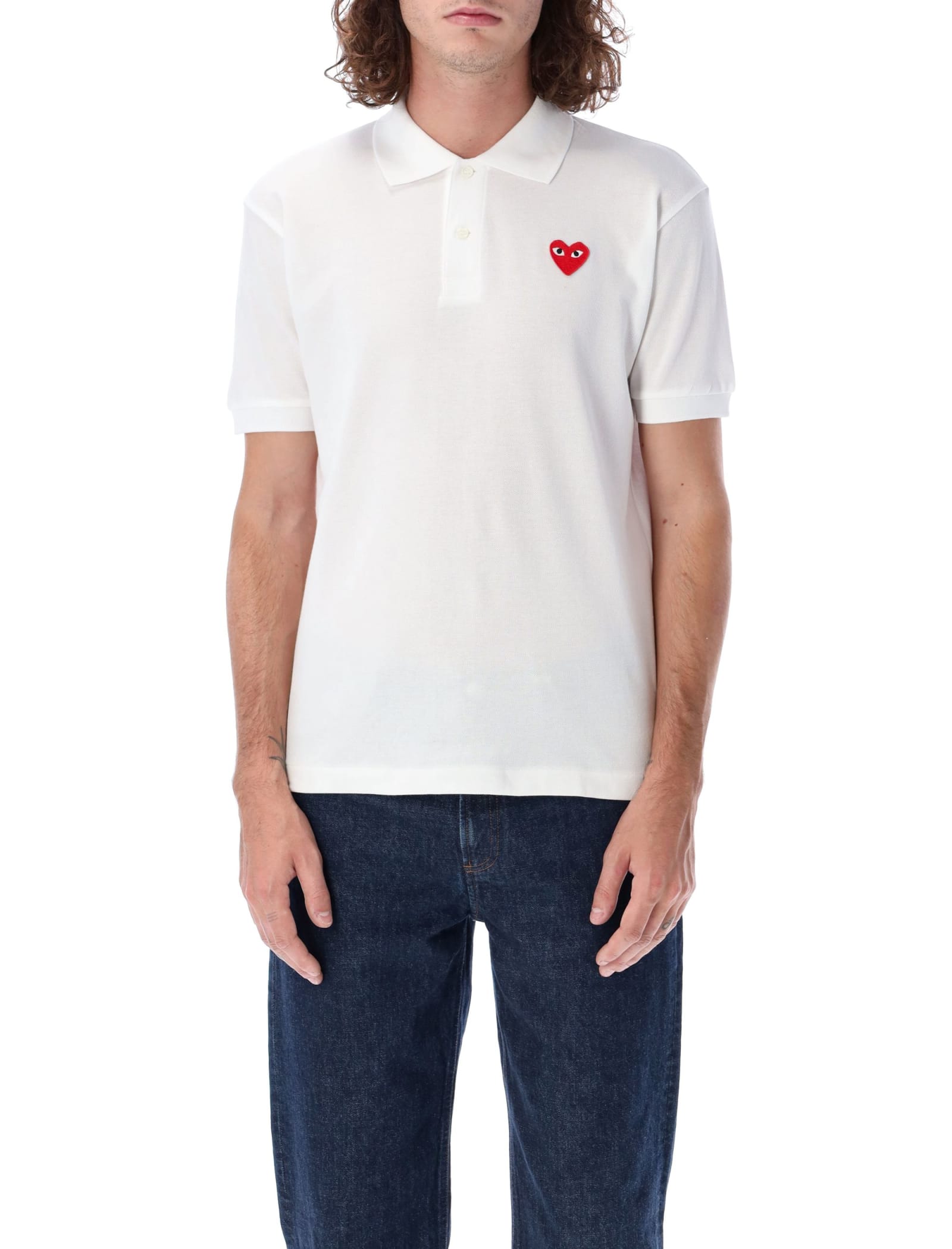 Shop Comme Des Garçons Play Red Heart Patch Polo Shirt In White