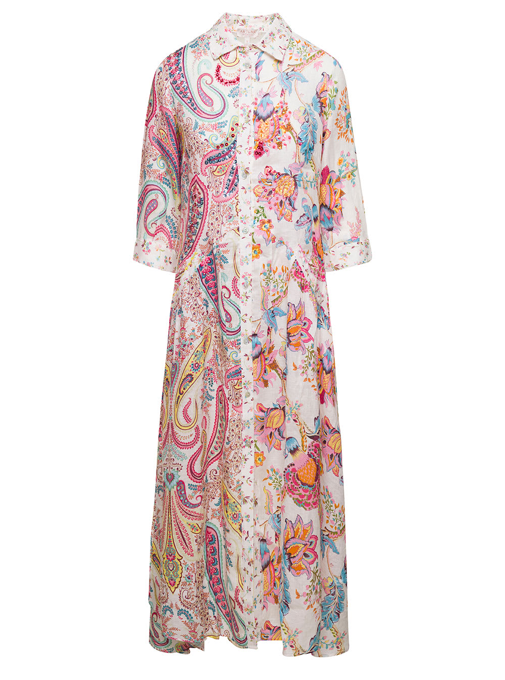 Anjuna Long Multicolor Shirt Dress With All-over Graphic Print In Linen Woman