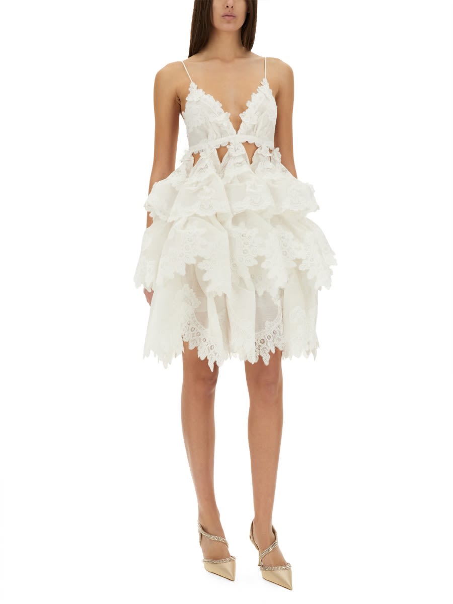 Zimmermann Crush Tiered Lace Mini Dress In Ivory
