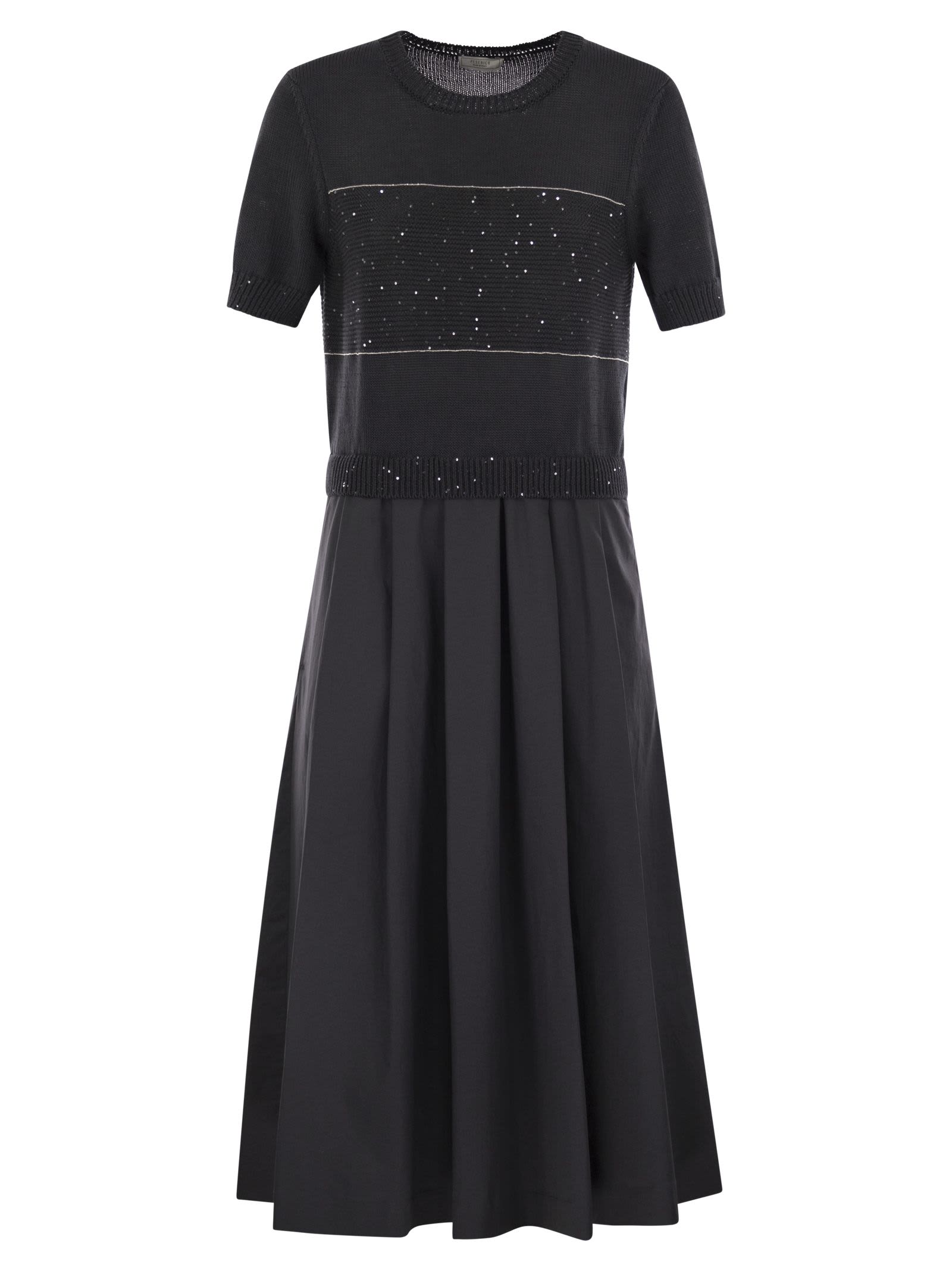 Peserico Women Two-tone Dress In Pure Cotton With Micro Sequins In Black