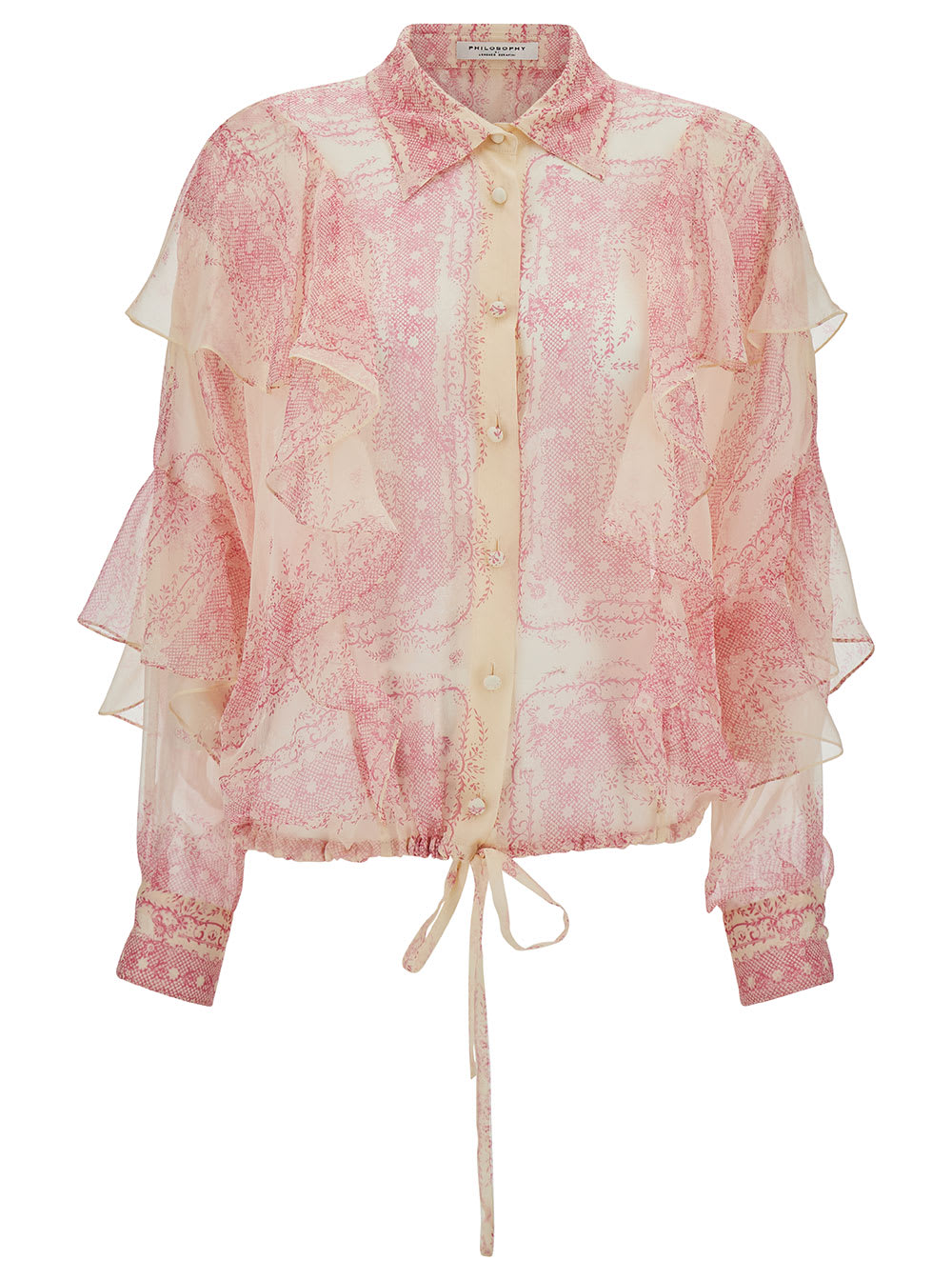 Shop Philosophy Di Lorenzo Serafini Pink Shirt With Volant And All-over Print In Silk Woman