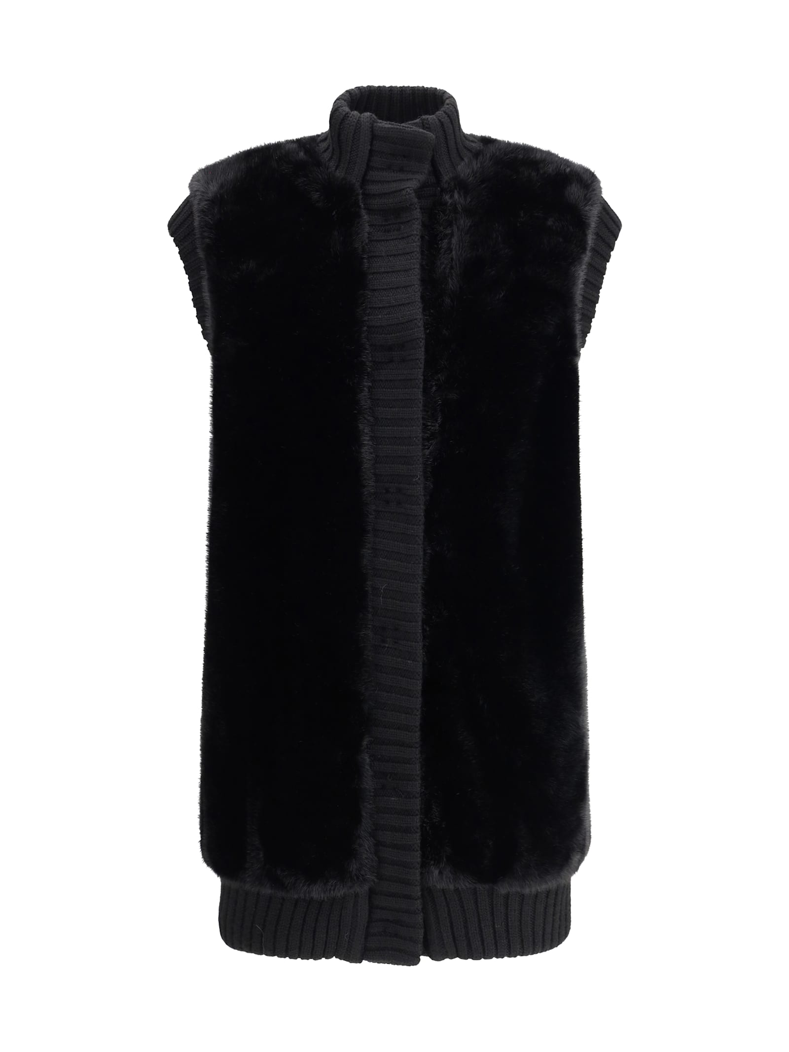 Pinko Genovese Black Sleeveless Vest With High Neck And Ribbed Details In Ecofur Woman In Multi