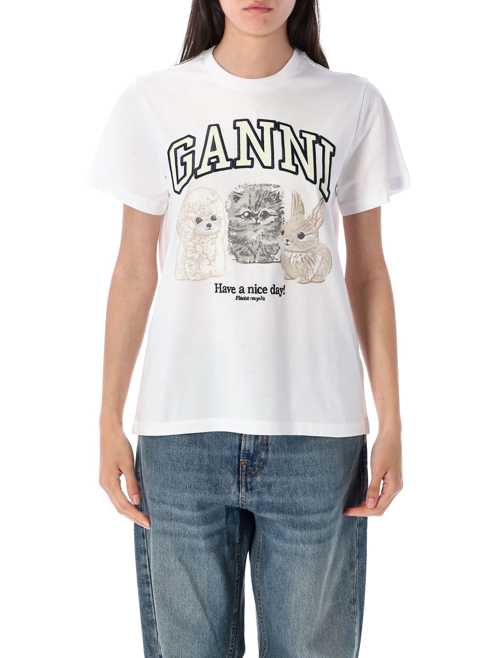 Ganni Animals Organic Cotton T-shirt In White