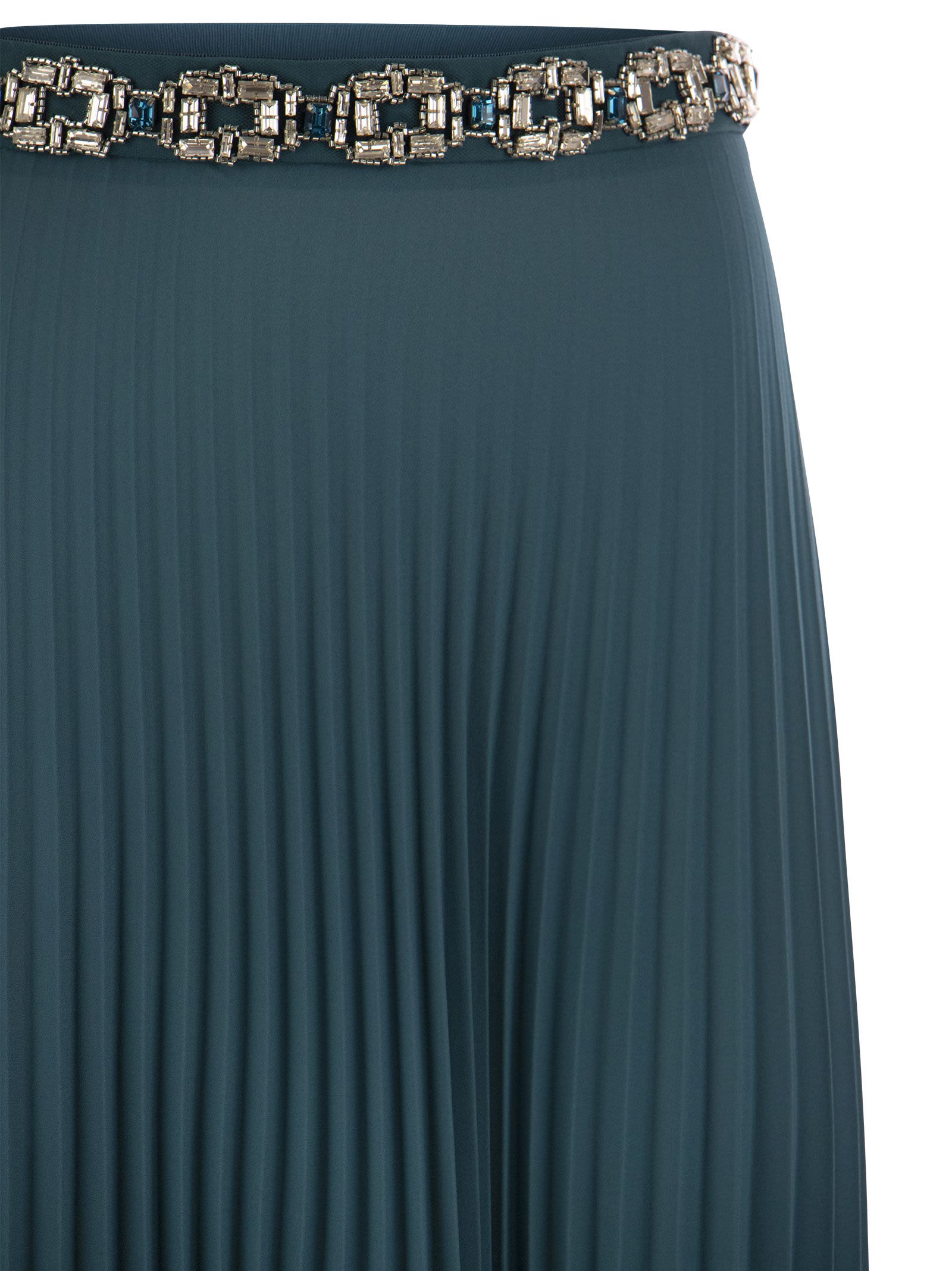Shop Elisabetta Franchi Long Pleated Georgette Skirt With Embroidery In Green