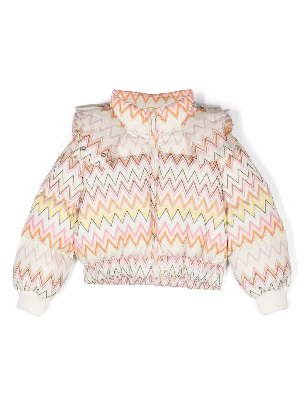 MISSONI WHITE DOWN JACKET WITH MULTICOLOURED ZIGZAG PATTERN 