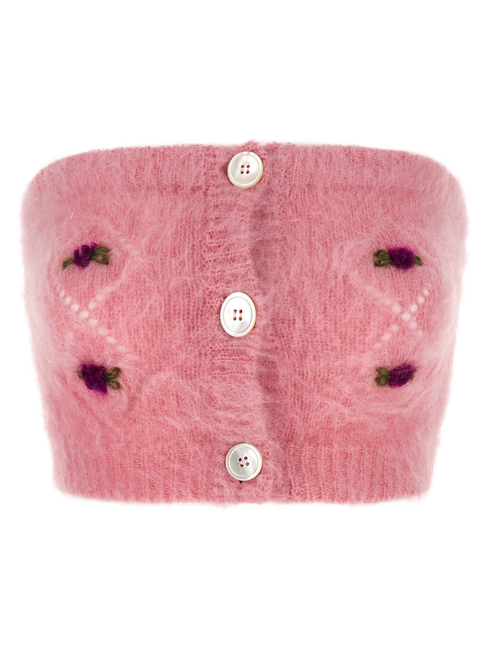 Alessandra Rich Mohair Top With Button Detailing And Floral Embroidery In Pink