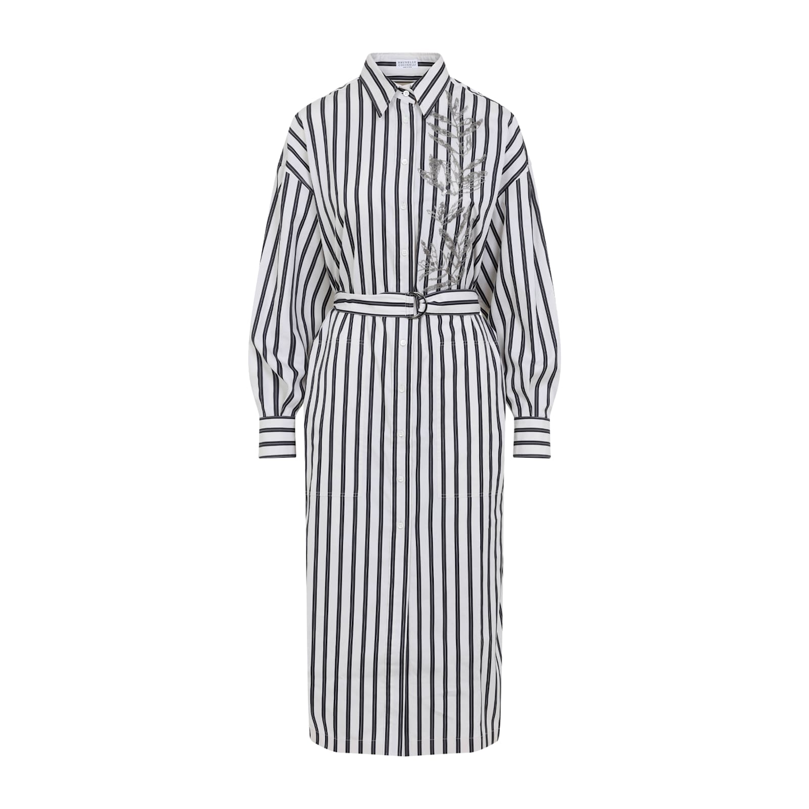 Brunello Cucinelli Striped Midi Shirt Dress With Floral Embroidery In White/black