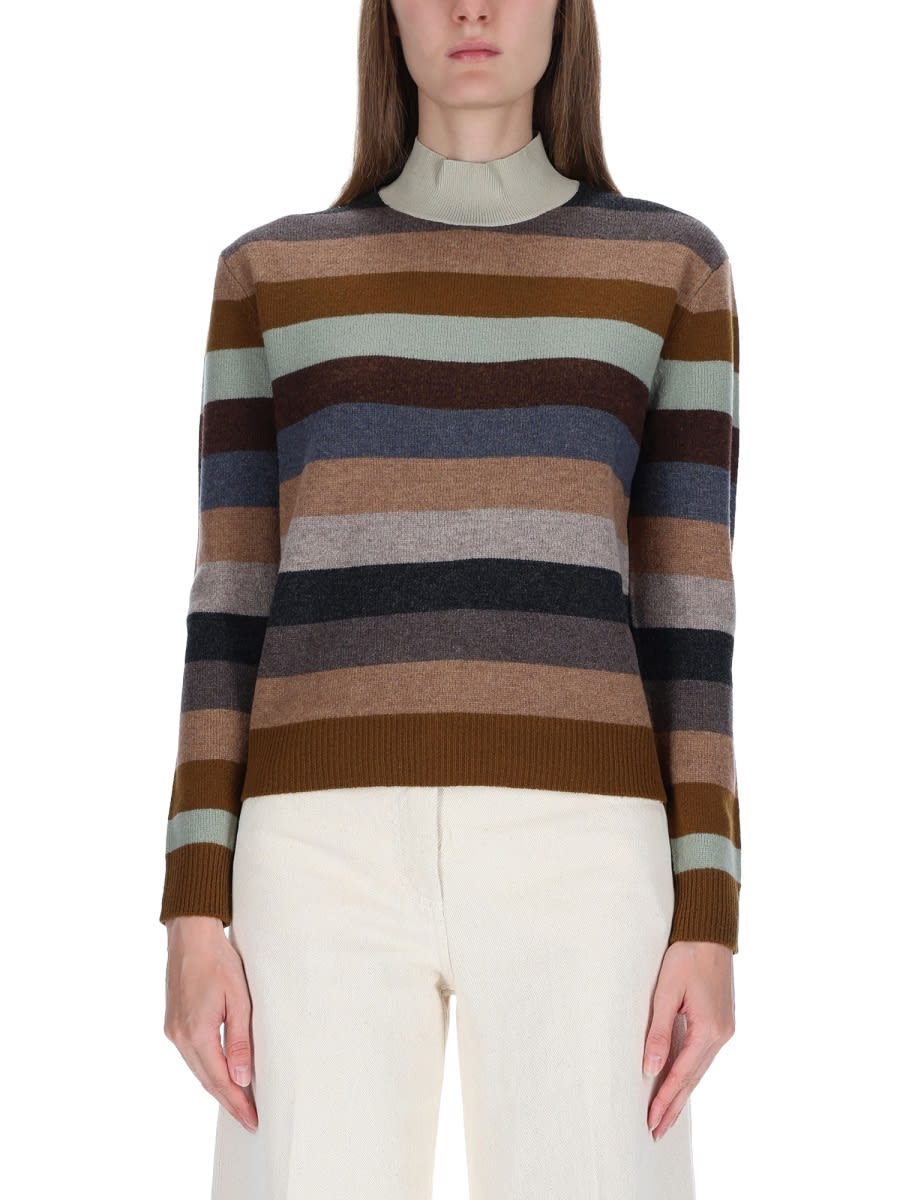 Tory Burch Multicolor Sweater With Striped Design And Back Logo Patch In Wool Woman In Multi