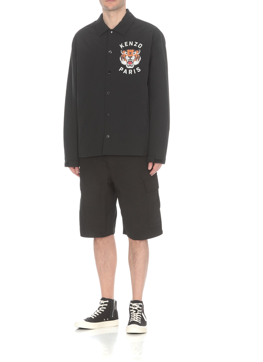 Kenzo Black Overshirt With Tiger Embroidery In Tech Fabric Man In Black