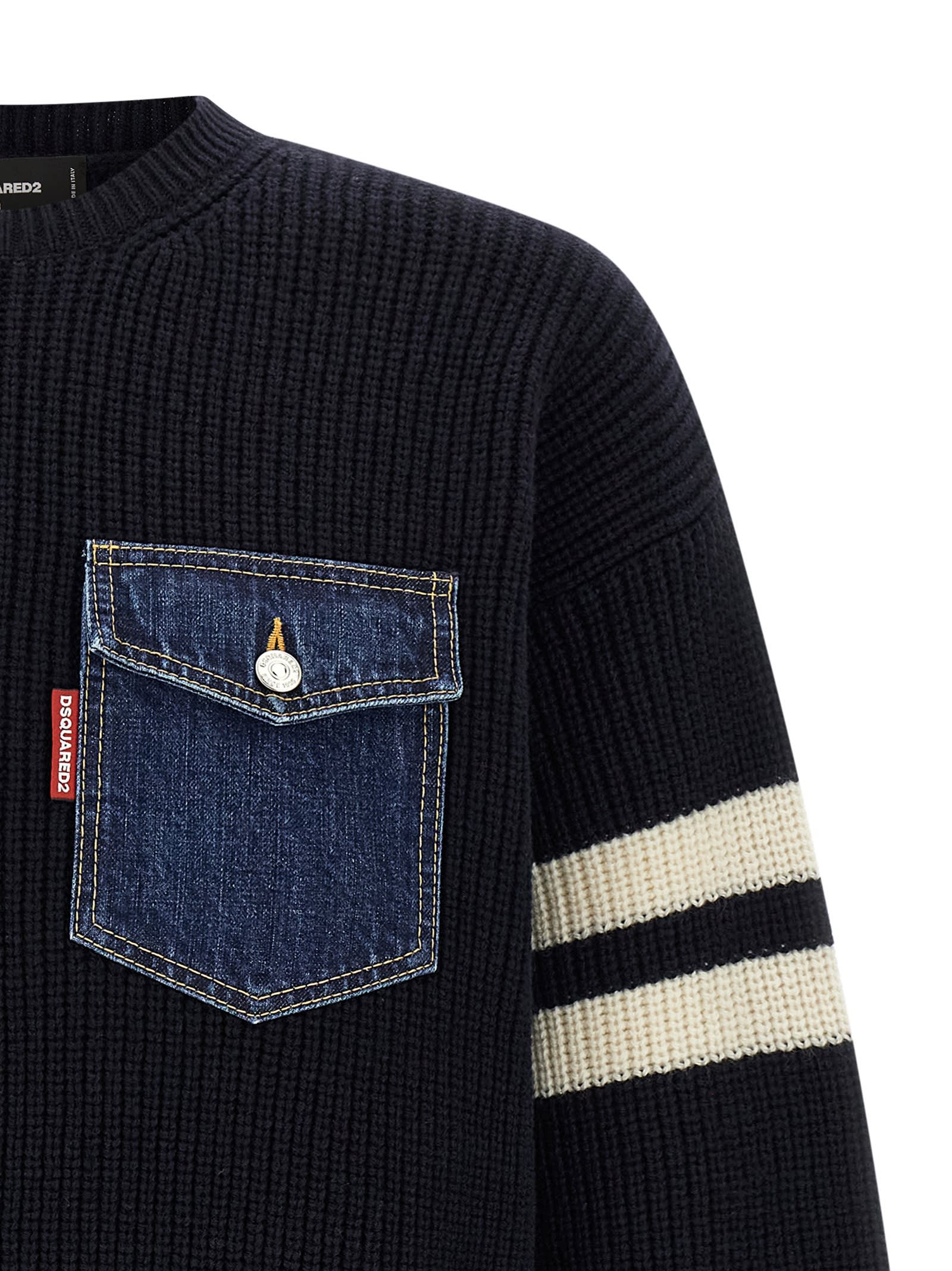 Dsquared2 Crew Neck Denim Pocket Sweater With Striped Sleeves In Brown