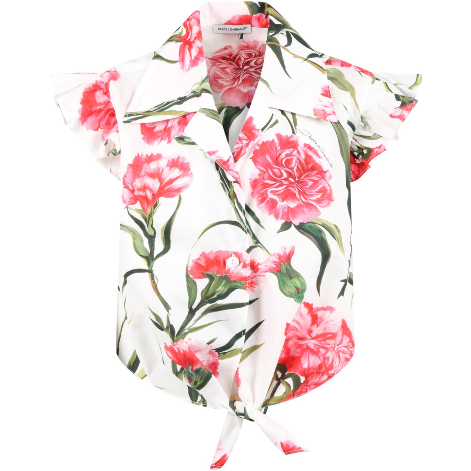 Dolce & Gabbana Kids' White Shirt For Girl With Pink Carnations