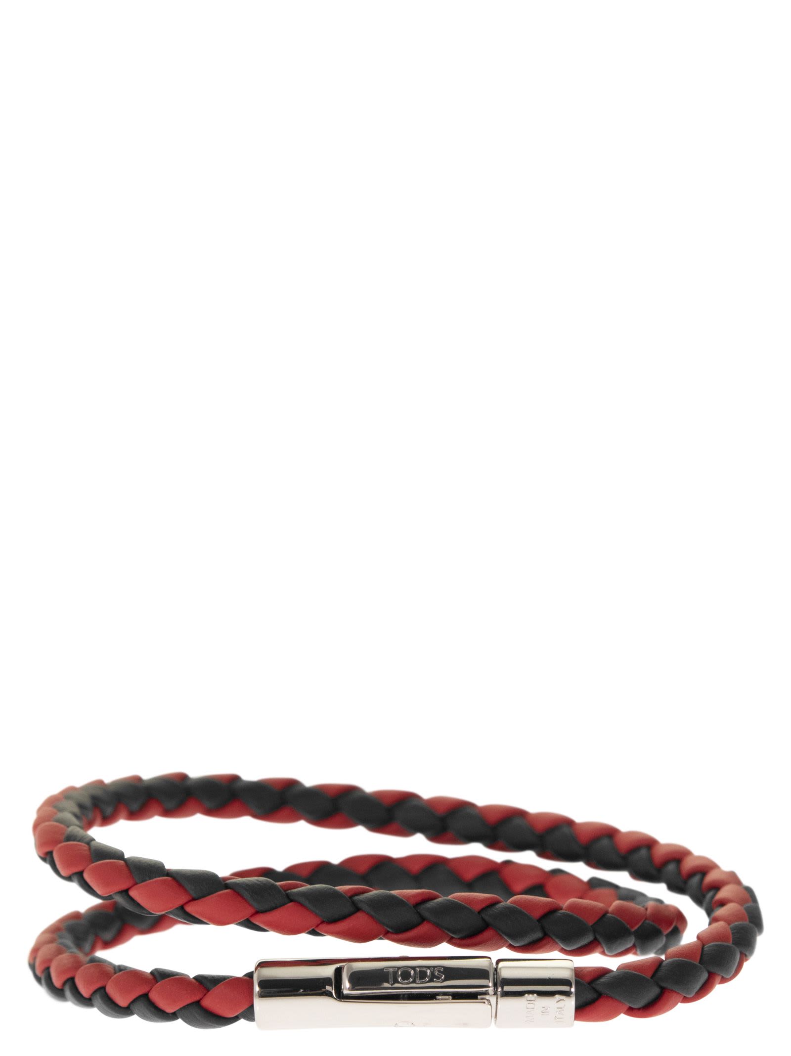 Shop Tod's Mycolors 2-turn Leather Bracelet In Black/red