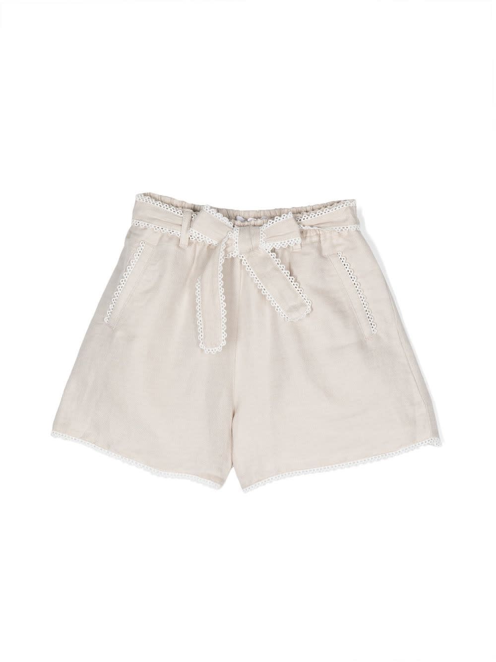 CHLOÉ IVORY LINEN AND COTTON SHORTS WITH GUIPURE
